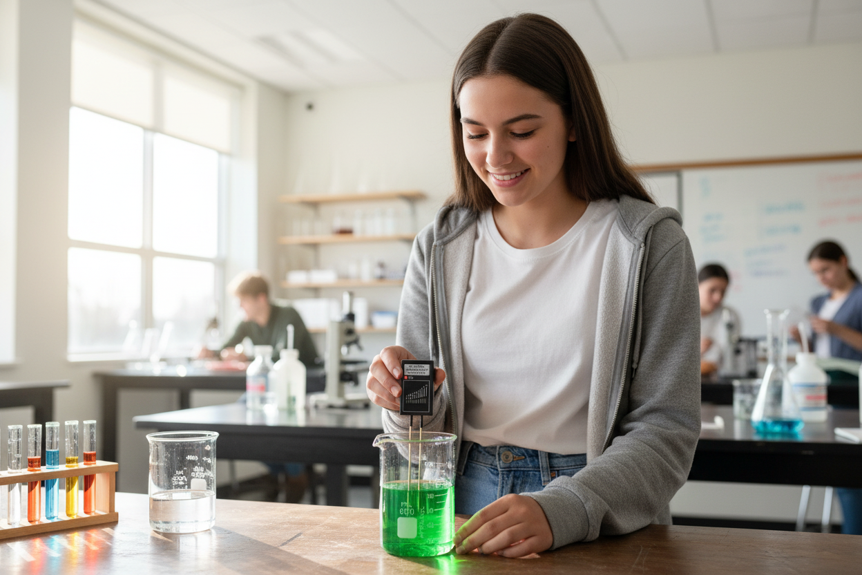 Student adjusting pipette and flask in a classroom lab