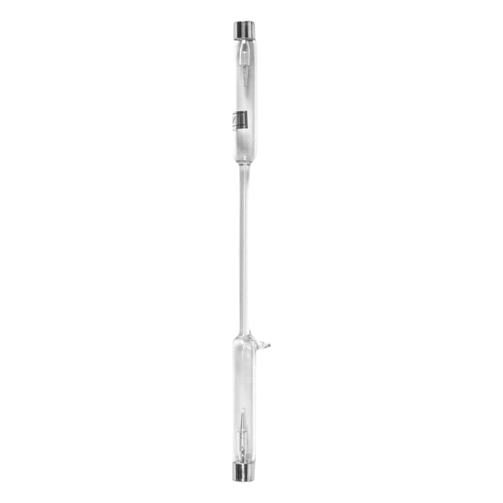 Spectrum Tube with Hydrogen Gas. Made from borosilicate glass and containing Hydrogen gas under a low-pressure vacuum. The length is 26cm and made to fit a standard Spectrum Power Supply. Used in spectrum analysis in science education classrooms.