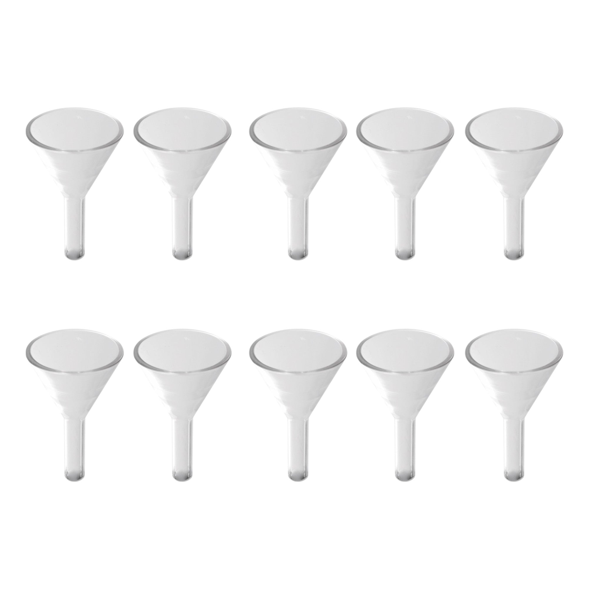 Funnel Burette, Borosilicate Glass 40mm funnel diameter, 38mm stem length, and 10mm stem diameter. 10 Pack
