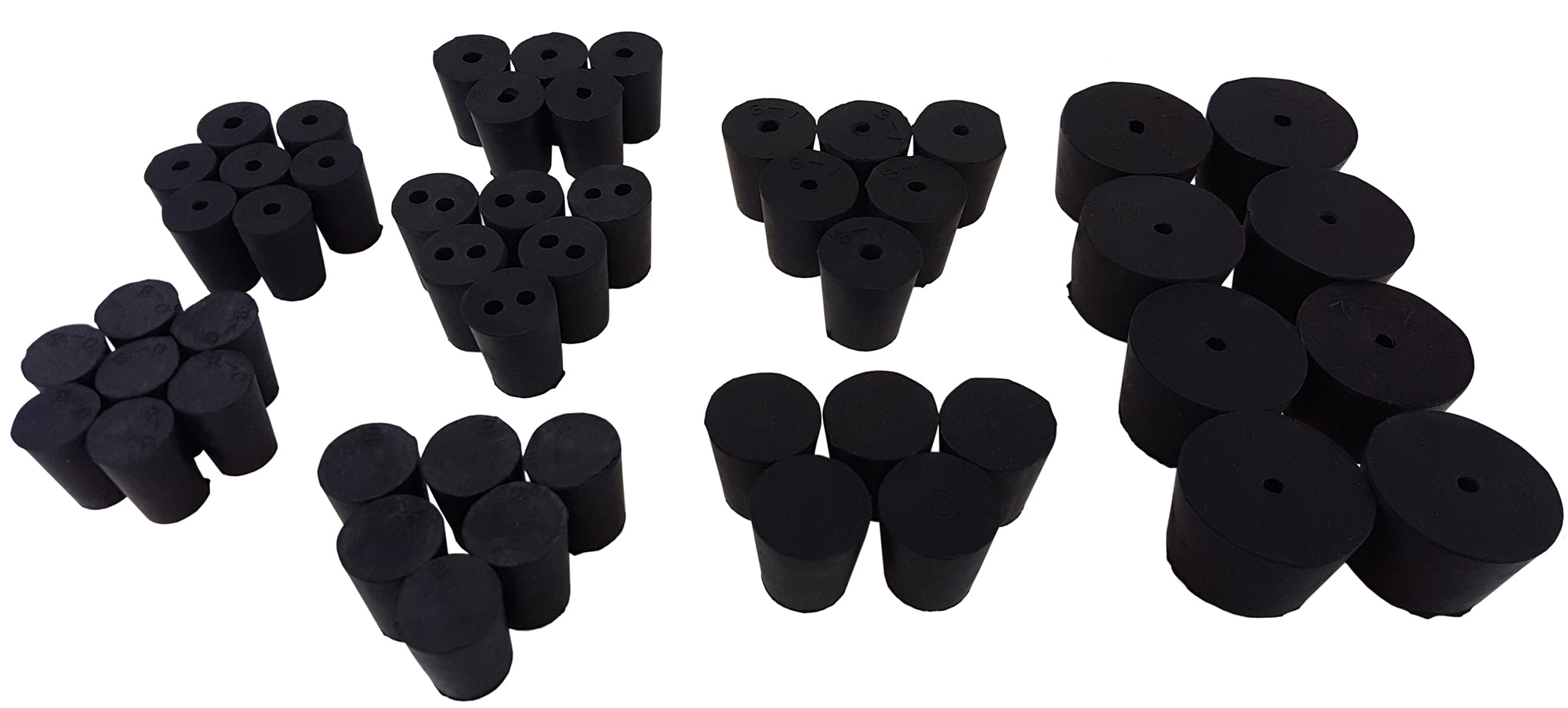 Stoppers, Rubber Sizes #0, #2, and #3 Assorted Set of Solid, 1-Hole and 2-Hole Stoppers.
