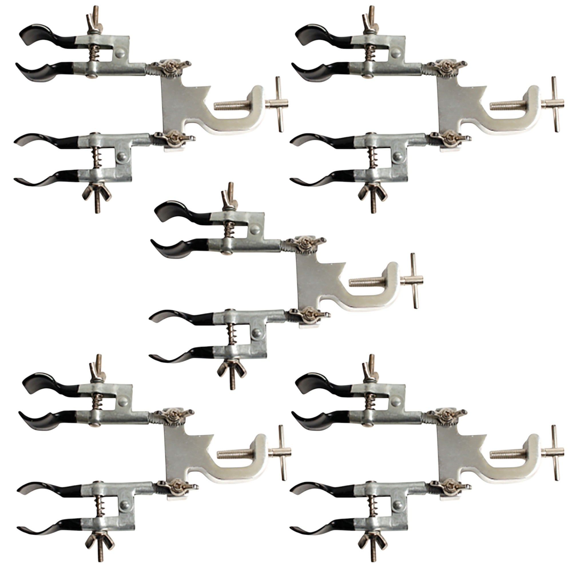 Double Burette Clamp, has adjustable arms that can be locked in the selected position. Cast-metal construction with plastisol tips. Pack of 5