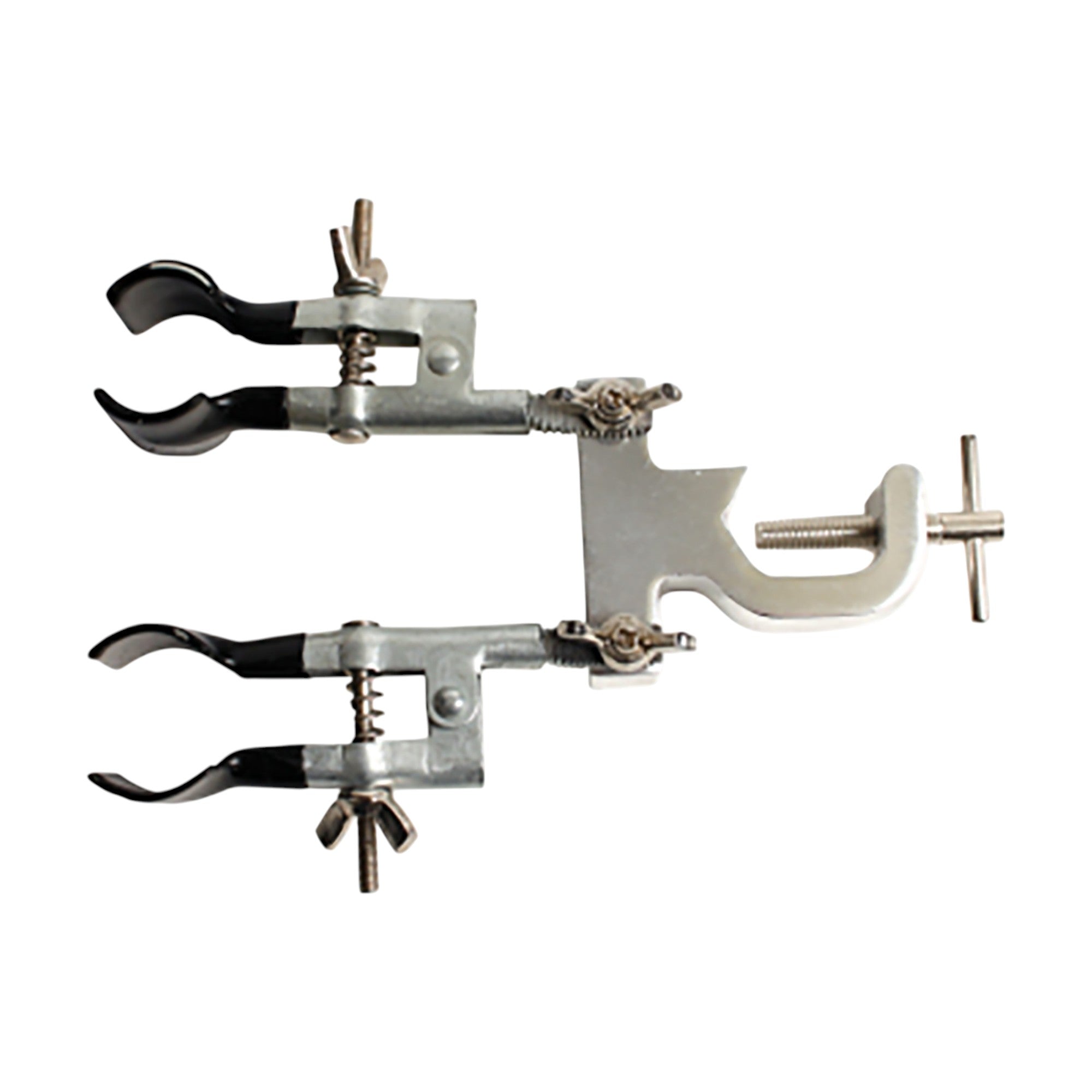Double Burette Clamp, has adjustable arms that can be locked in the selected position. Cast-metal construction with plastisol tips. Pack of 5