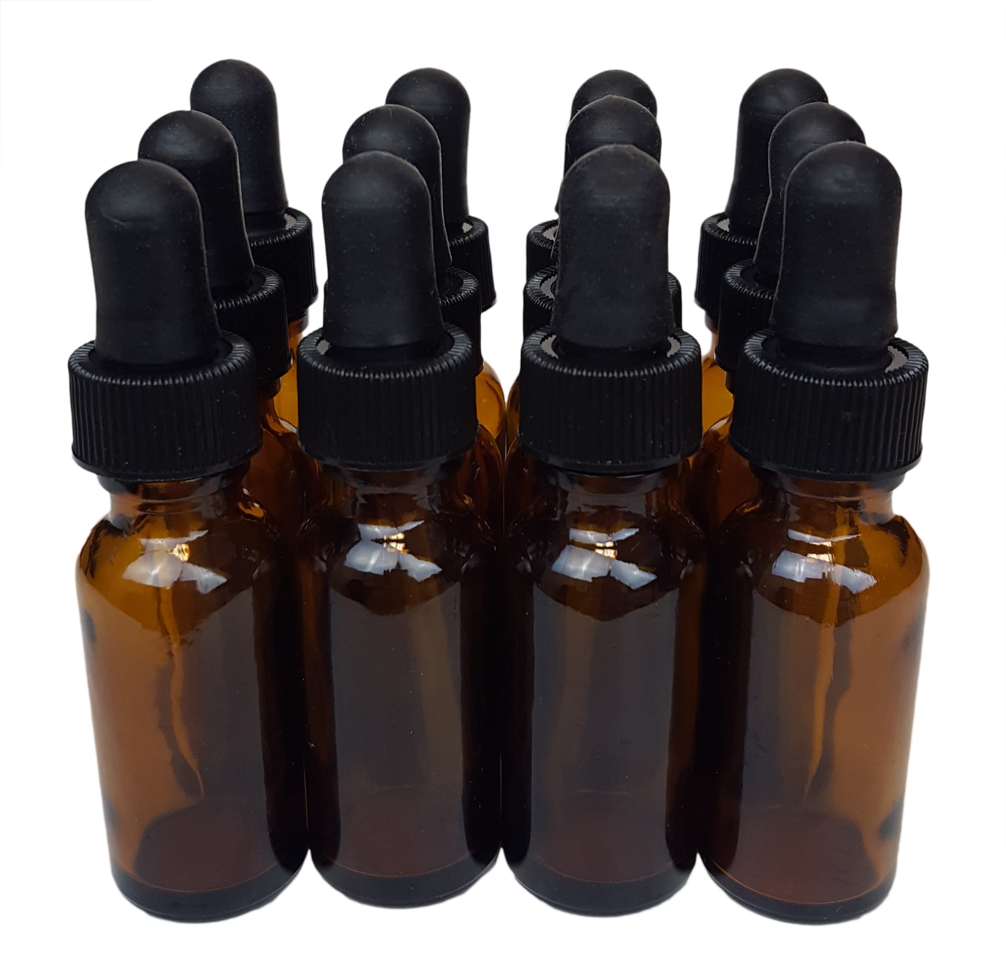 Bottle, Flint Glass, Amber Color, Boston Round, 1/2 ounce, with dropper assembly. Pack 12.