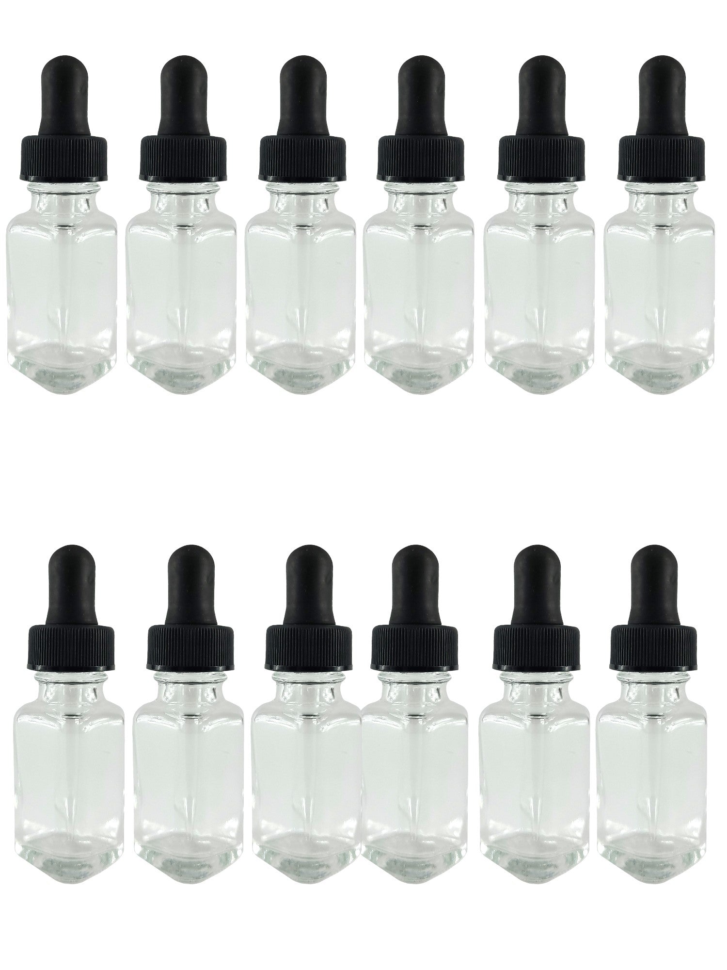 Bottle Flint Glass, French Square, Clear, 1 ounce, with dropper assembly.  Pack of 12.