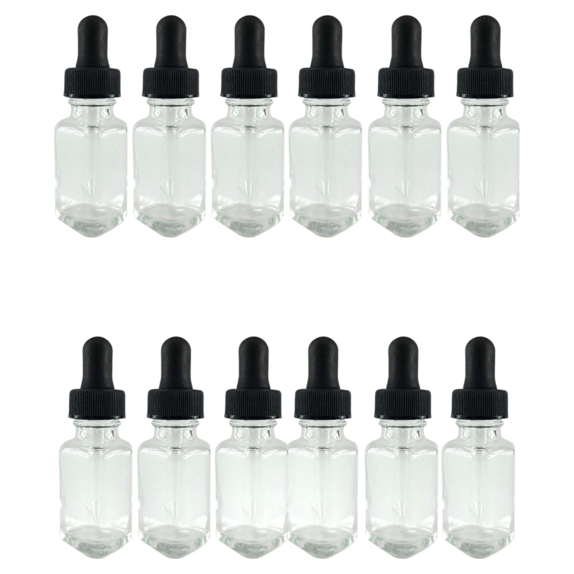 Bottle Flint Glass, French Square, Clear, 2 ounces, with dropper assembly.  Pack of 12.