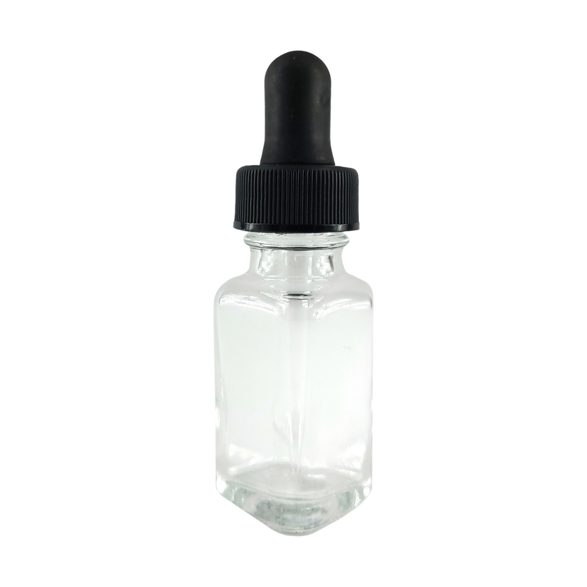 Bottle Flint Glass, French Square, Clear, 2 ounces, with dropper assembly.  Pack of 12.