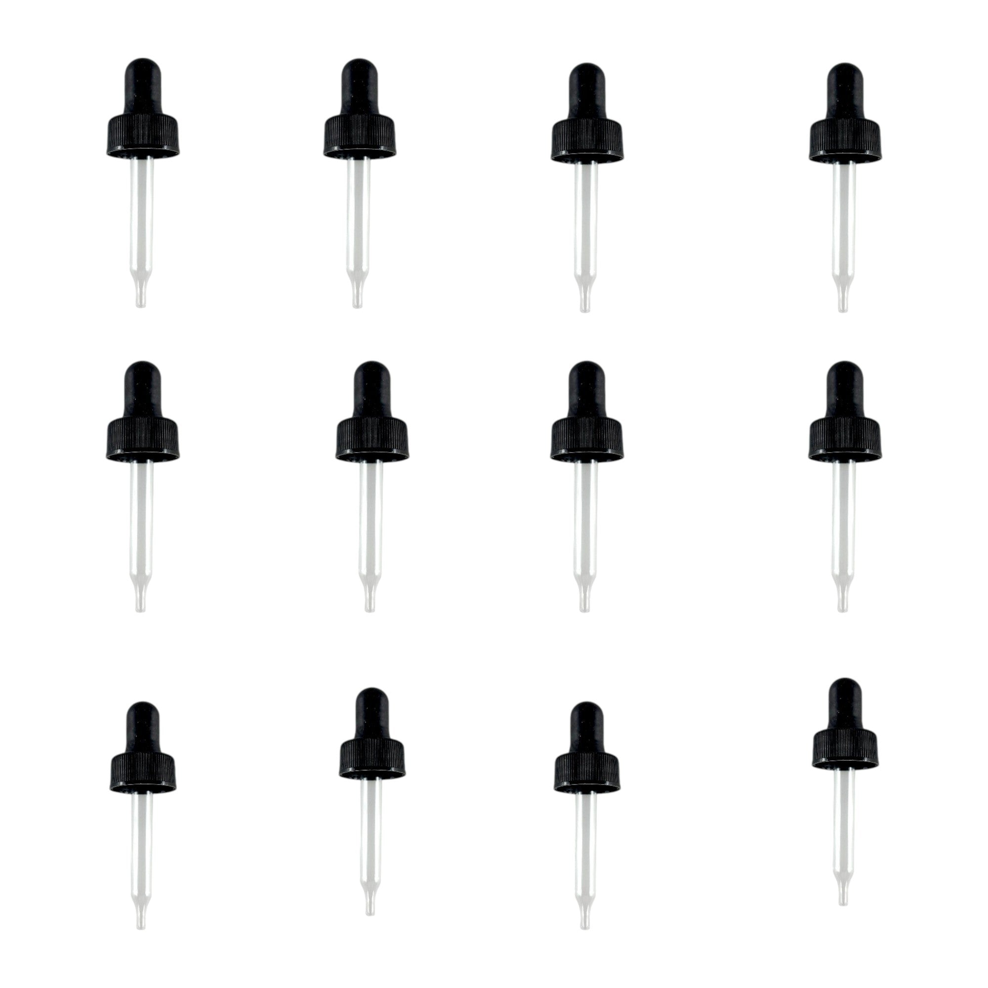 Dropper Assembly for 1/2 ounce bottle. The cap has a 20/400 thread, the glass pipette is 7mm OD x 60mm length. Pack 12.