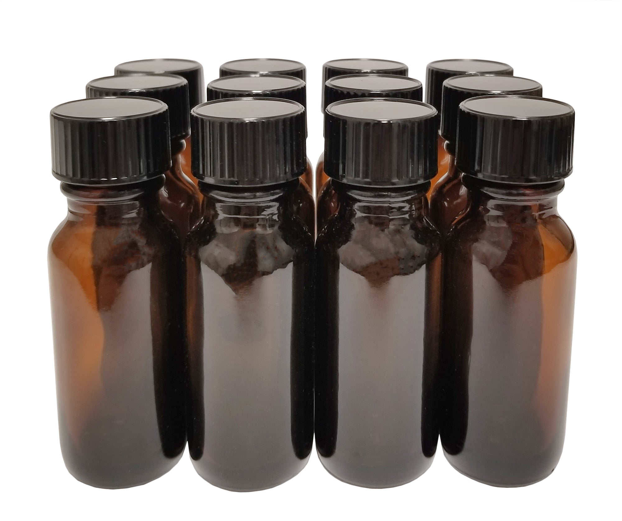 Bottle, Flint Glass, Amber Color, 1/2 ounce, with Cap. Pack 12.