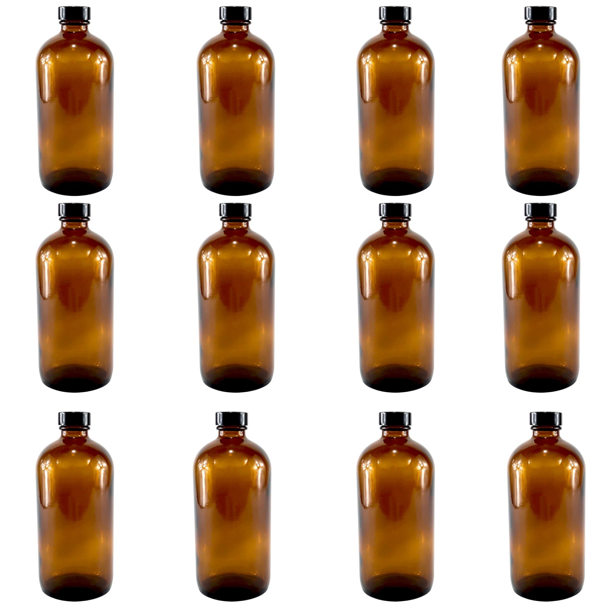 Bottle, Flint Glass, Amber Color, 16 ounce, with cap. Pack 12.