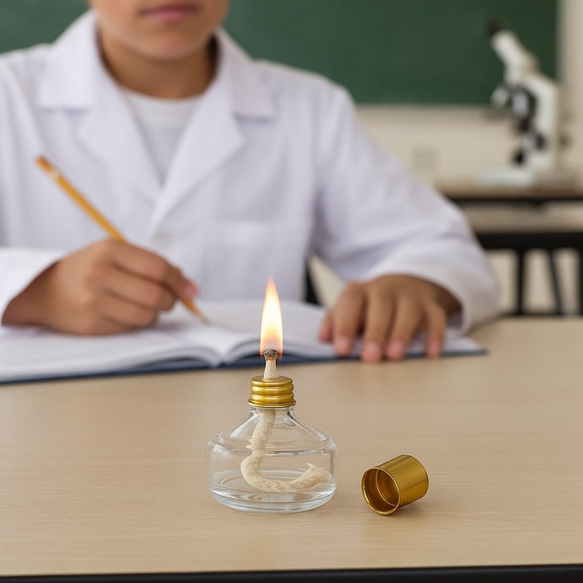 Burner, Alcohol – Borosilicate Glass with Metal Wick Holder and Ground Glass Stopper – Compact Flame Source for Heating, Sterilization, and Science Labs – Safe Bunsen Burner Alternative