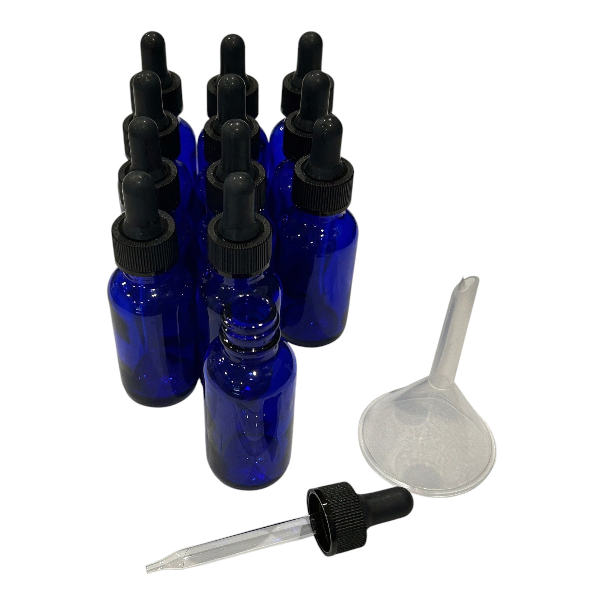 Bottles Glass ,Cobalt Blue 1oz with Droppers, 12-Pack & One 50mm Polypropylene Utility Funnel Kit – Boston Round Flint Glass