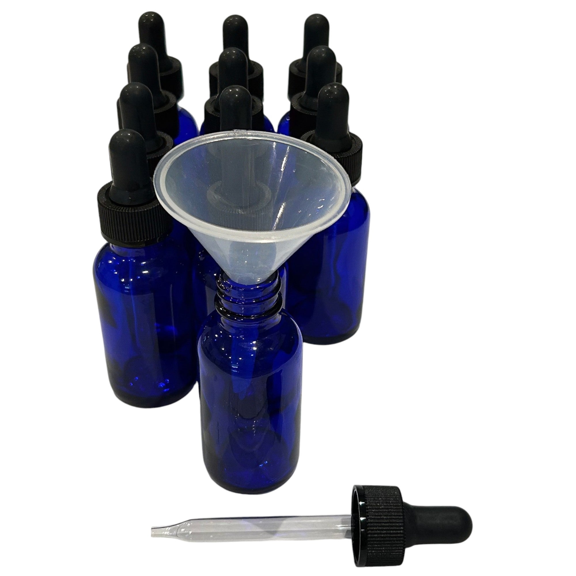 Bottles Glass ,Cobalt Blue 1oz with Droppers, 12-Pack & One 50mm Polypropylene Utility Funnel Kit – Boston Round Flint Glass