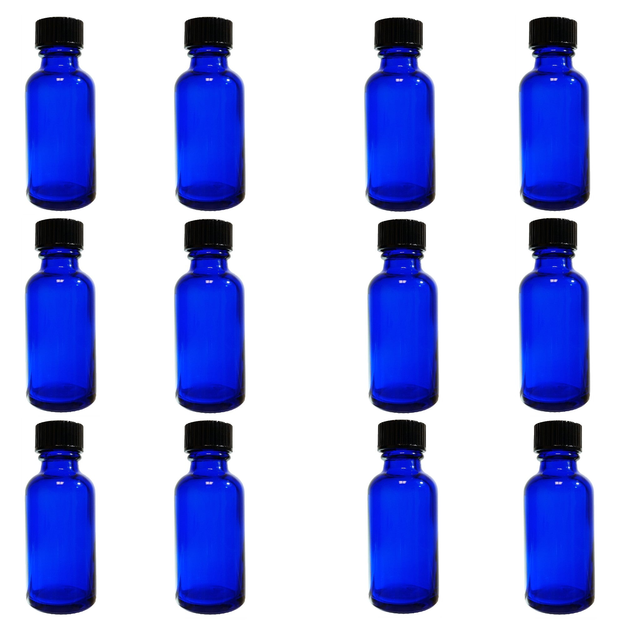 Bottle, Flint Glass Cobalt Blue Color, 1 ounce, with cap. Pack 12.