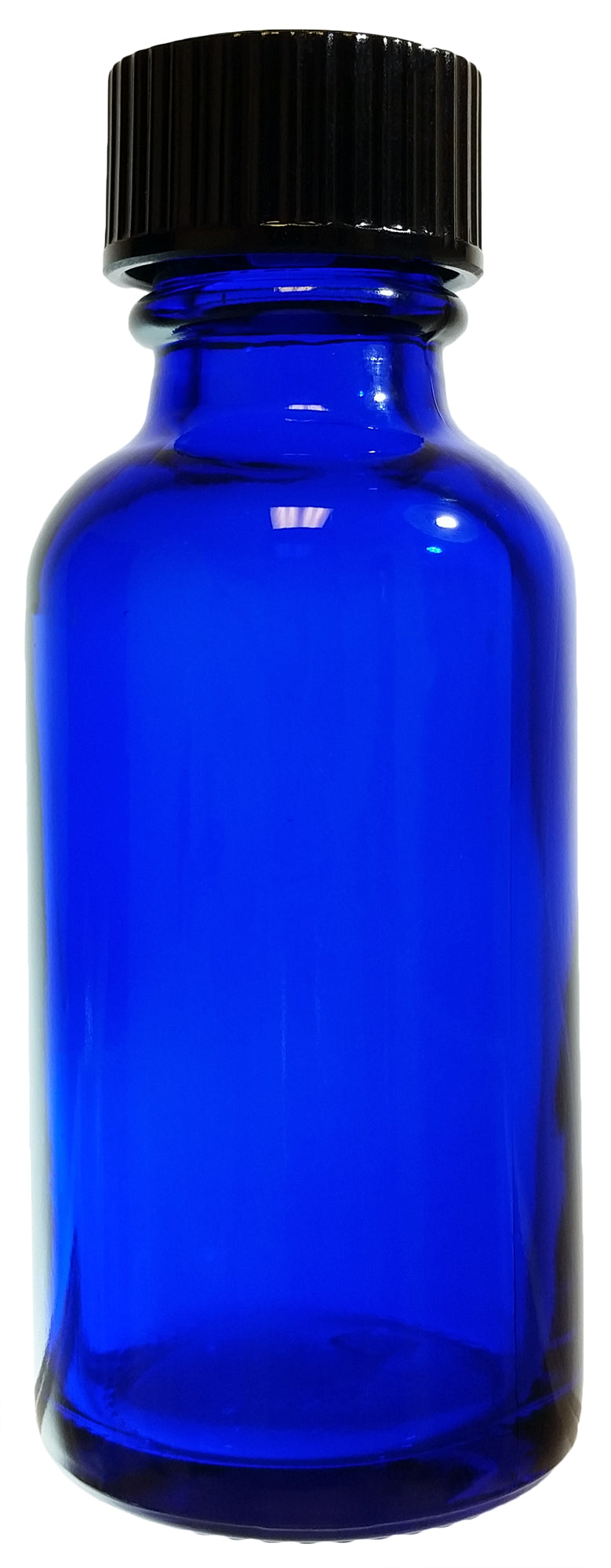 Bottle, Flint Glass Cobalt Blue Color, 1 ounce, with cap. Pack 12.