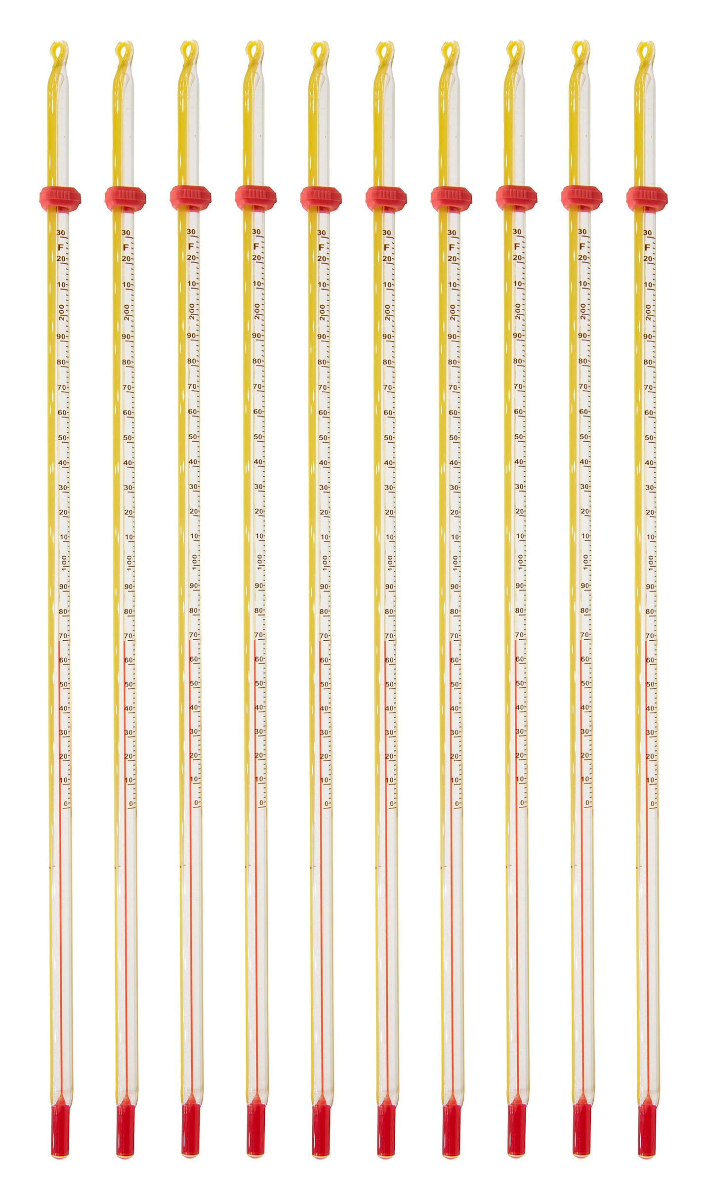 Thermometer Laboratory Red Alcohol Filled, Graduated Double Scale -20 to 110C, 0 to 230F, Yellow Back, Partial Immersion. Pack 10.