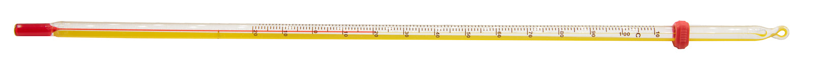 Thermometer Laboratory Red Alcohol Filled, Graduated Double Scale -20 to 110C, 0 to 230F, Yellow Back, Partial Immersion.