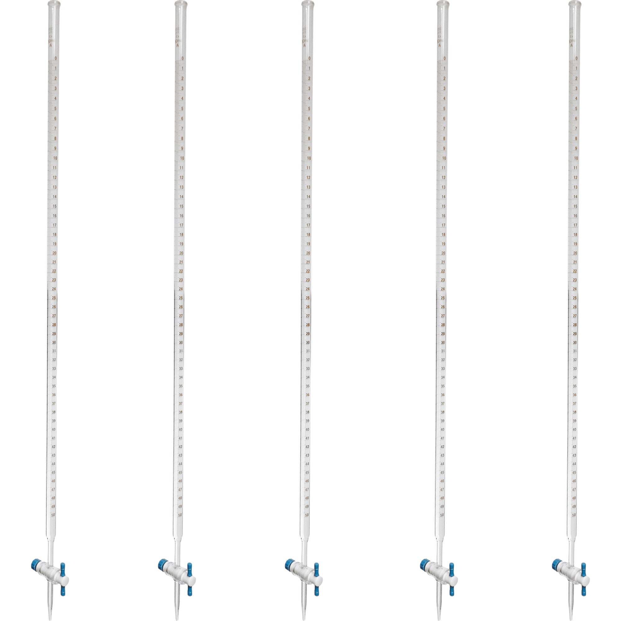 Burette, Borosilicate Glass with PTFE Stopcock, 50ml capacity. Pack of 5.