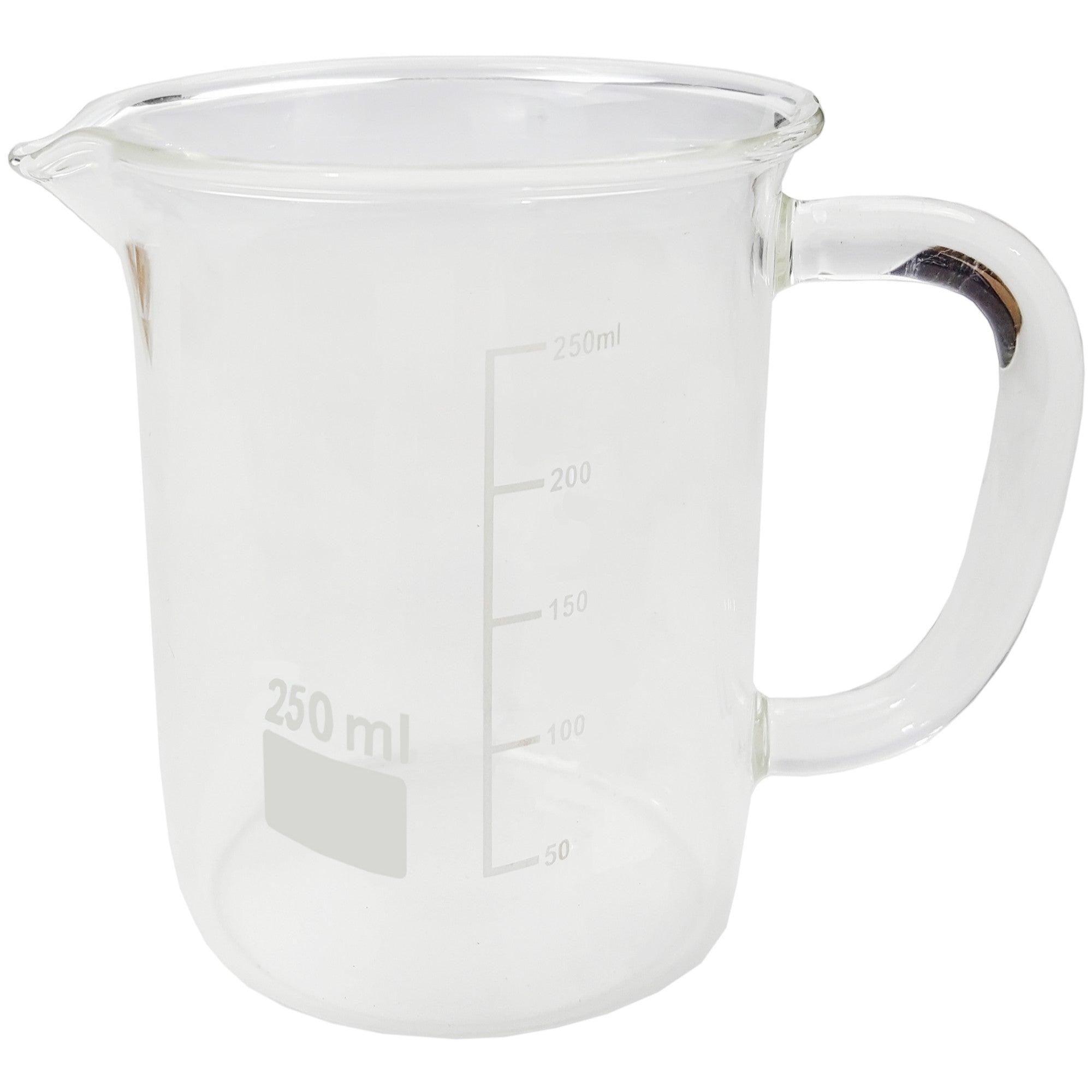 Beaker Mug 250ml with Handle and Pour Spout Borosilicate Glass. Case of 40.