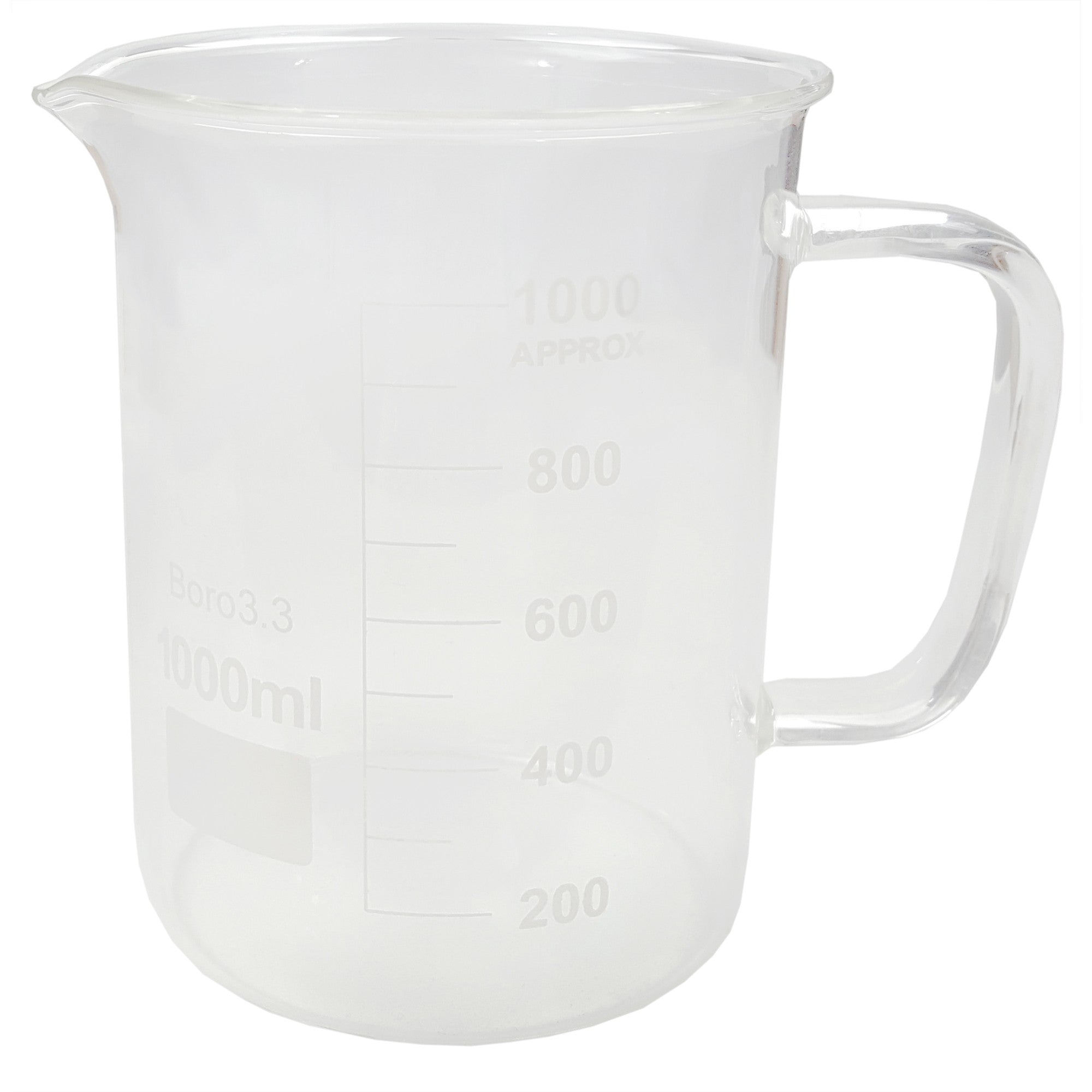 Beaker Mug 1000ml with Handle and Pour Spout Borosilicate Glass.  Case of 24.