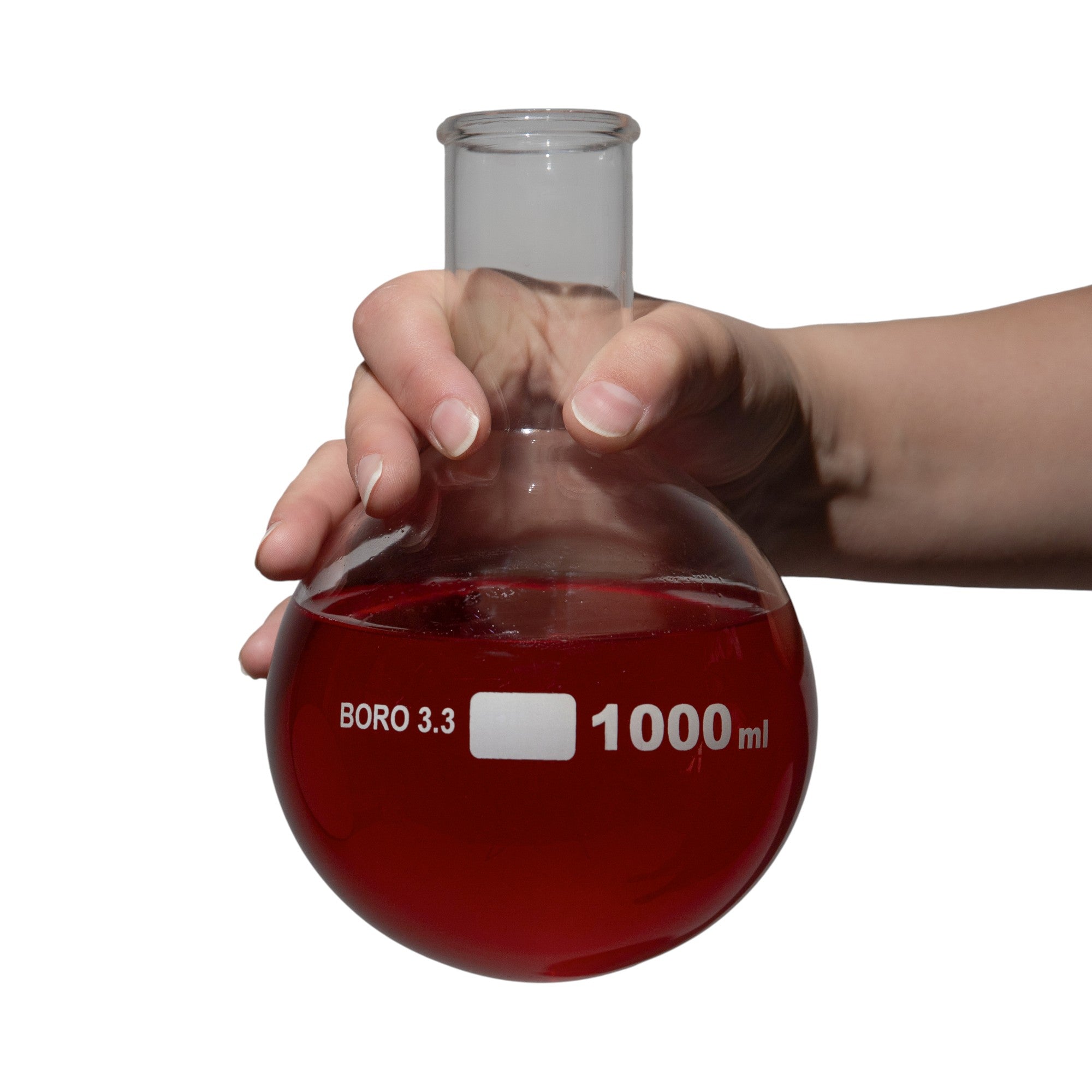 Flask Round-Bottom Florence Boiling Flask, Standard Neck, 1000ml capacity. Made from Borosilicate Glass. A good fit for any laboratory, science classroom, or homeschool. Sold in a case of 24 flasks.