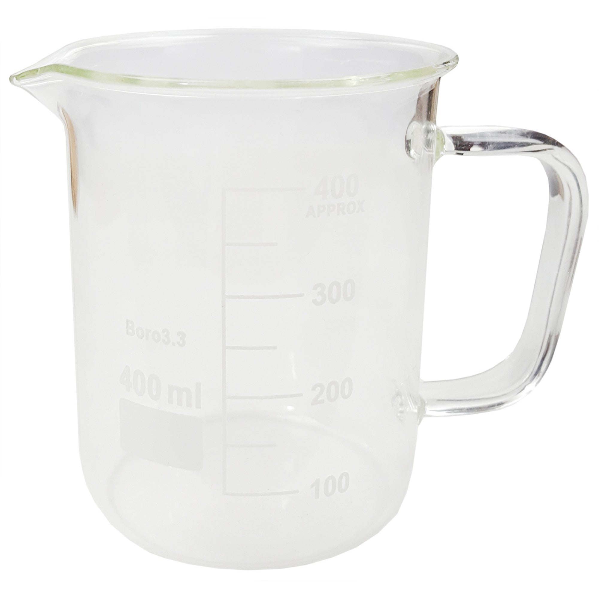 Beaker Mug 400ml with Handle and Pour Spout Borosilicate Glass.  Case of 40