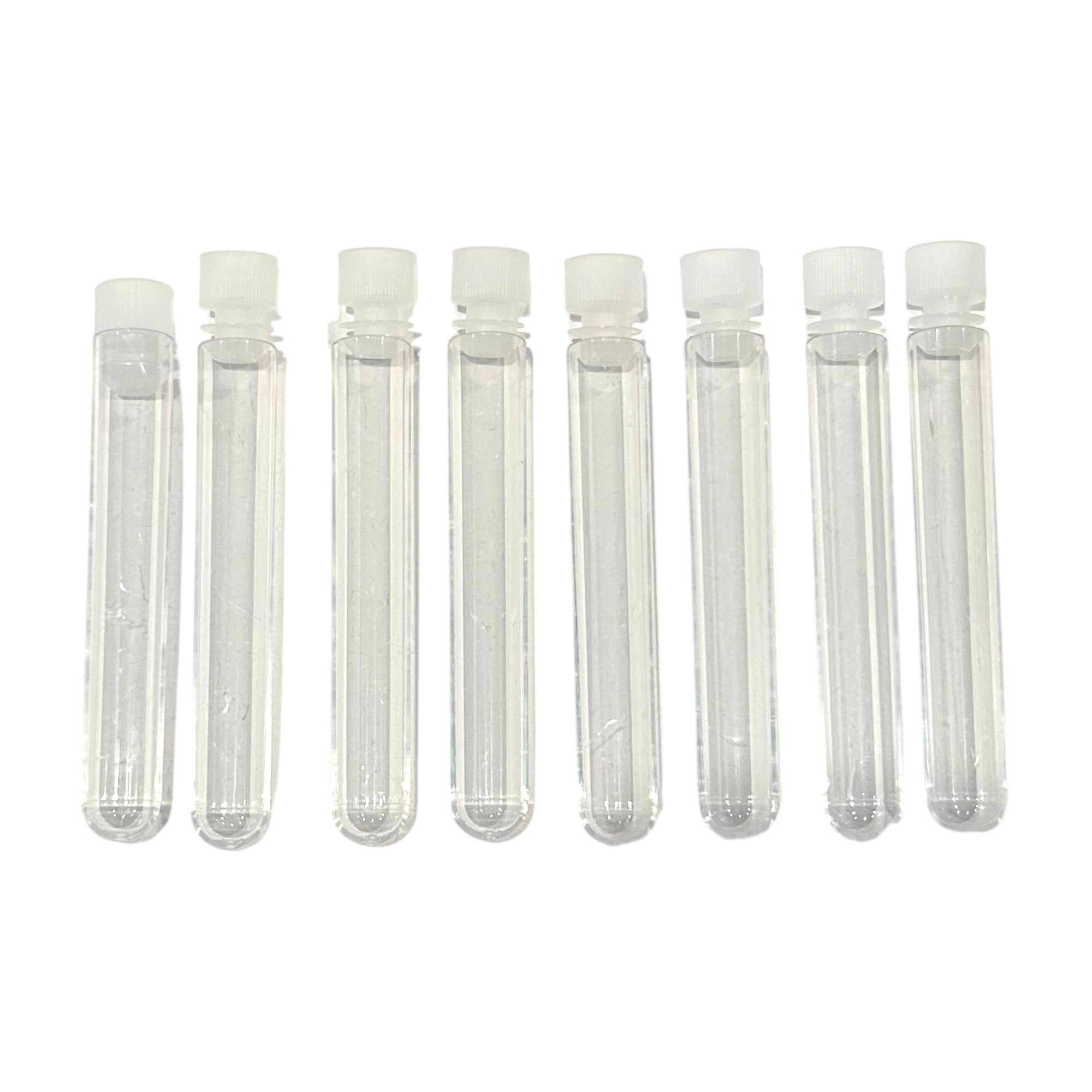 Test Tubes, Polystyrene 16mm Diameter x 100mm Length With Cap. Pack of 8. Used with PEER Physics CMW Kit.