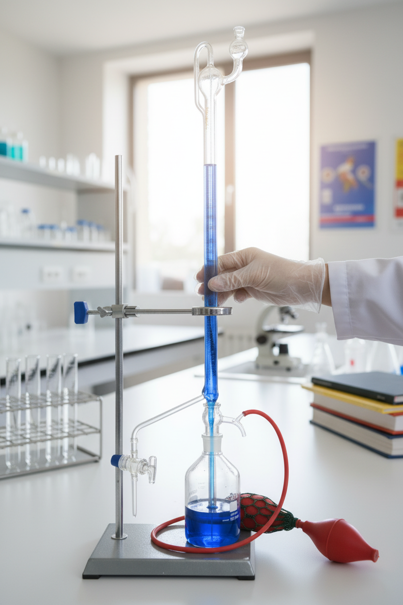 Automatic burette with bright clean classroom lab background