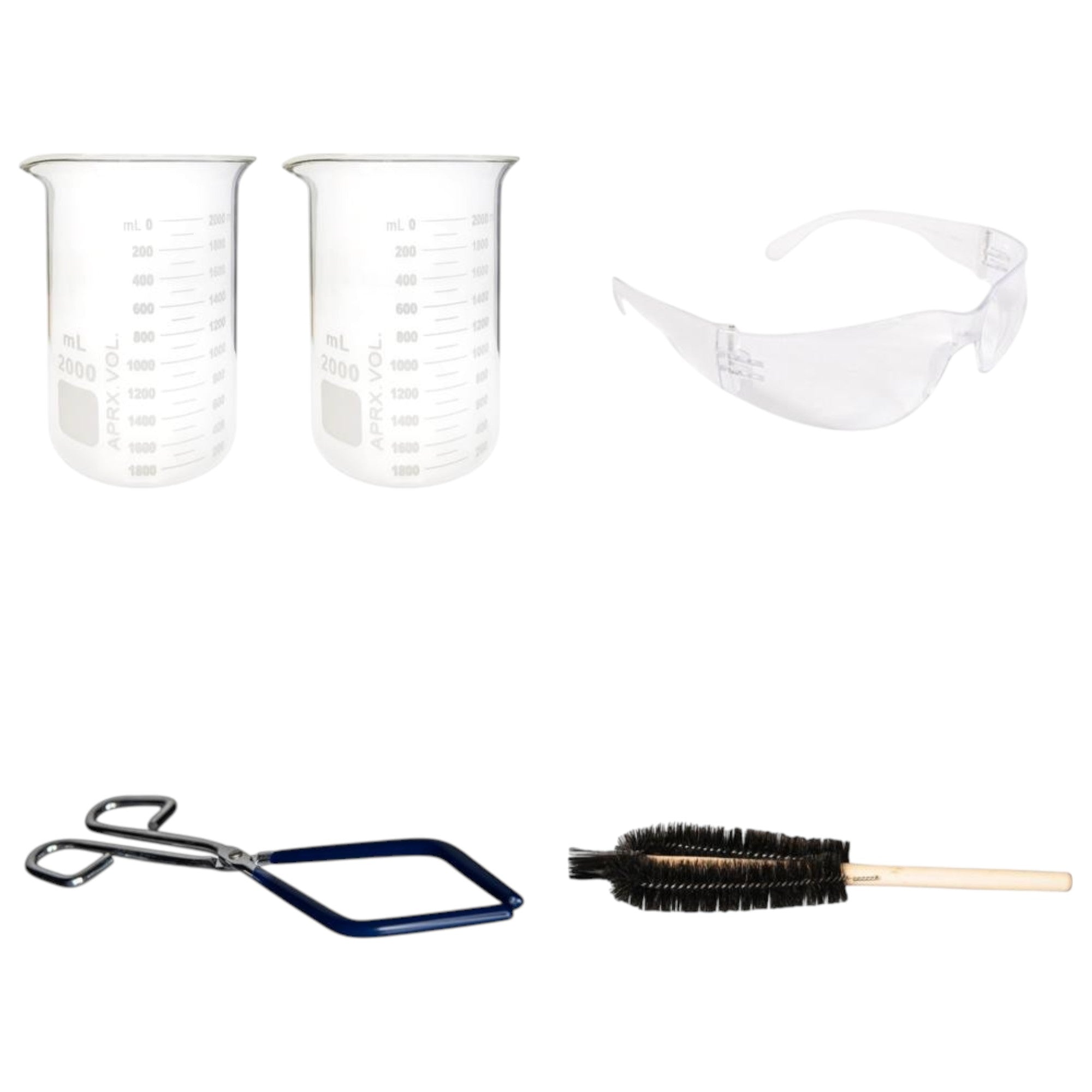 Lab Beaker Starter Kit - 2 - 2000ml Griffin Style Beaker, Beaker Brush (330mm), Safety Glasses, Beaker Tongs with Plastisol-Coated Jaws – Essential Labware Bundle