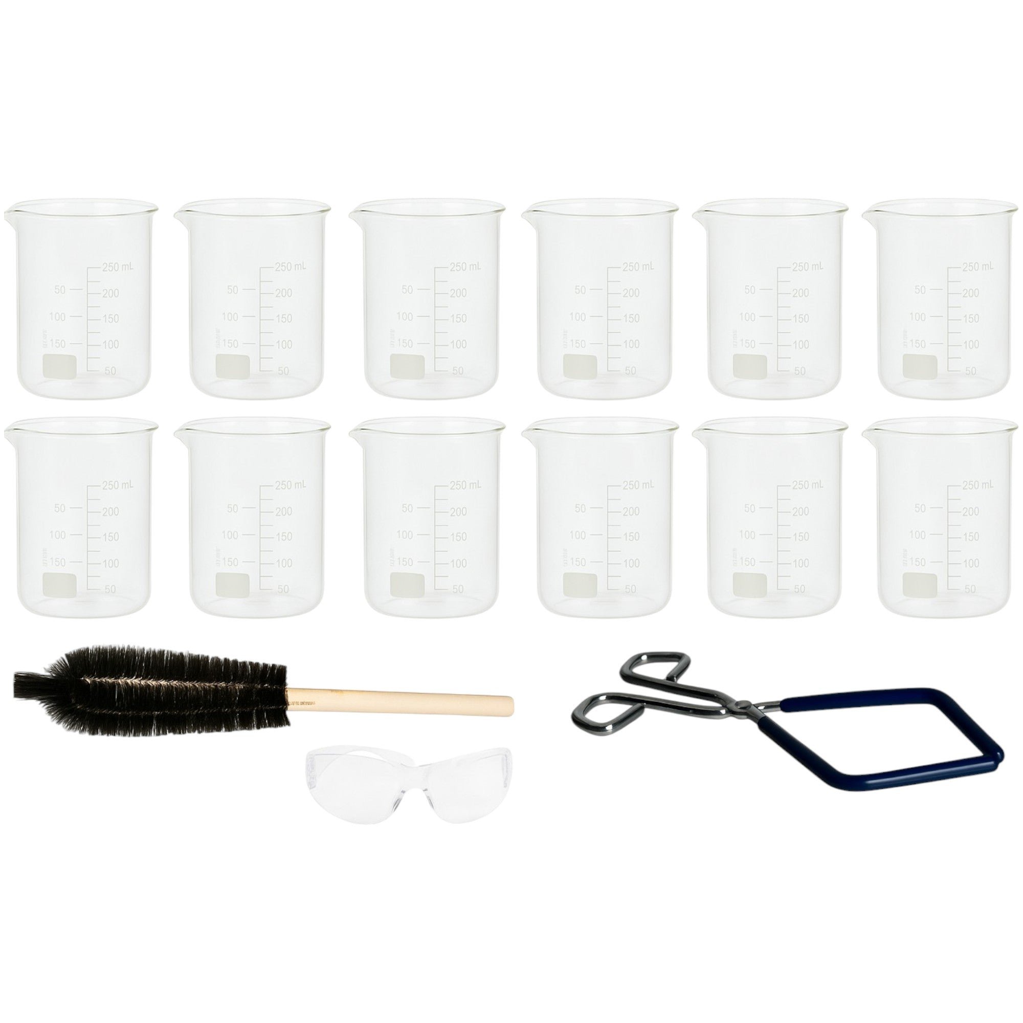 Lab Beaker Starter Kit - 12 - 250ml Griffin Style Beaker, Beaker Brush (330mm), Safety Glasses, Beaker Tongs with Plastisol-Coated Jaws – Essential Labware Bundle