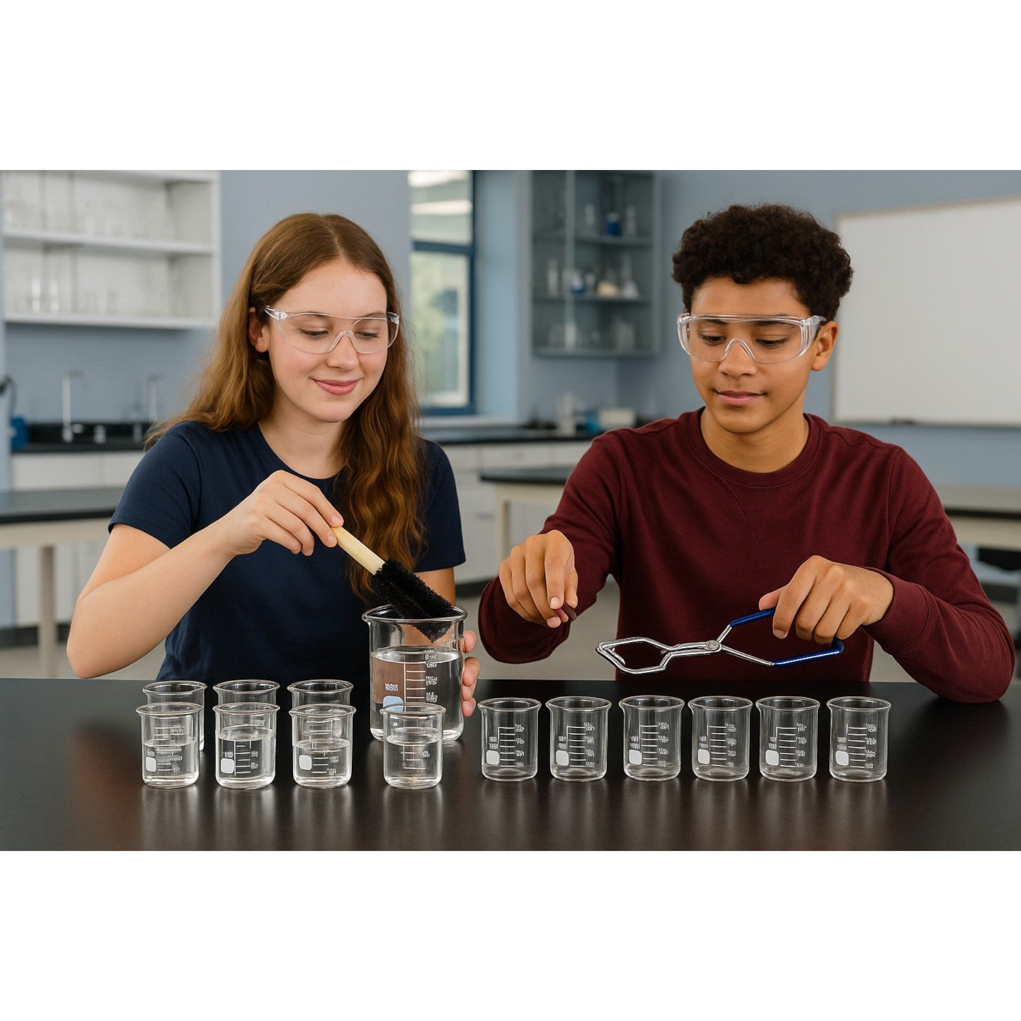 Lab Beaker Starter Kit - 2 - 2000ml Griffin Style Beaker, Beaker Brush (330mm), Safety Glasses, Beaker Tongs with Plastisol-Coated Jaws – Essential Labware Bundle