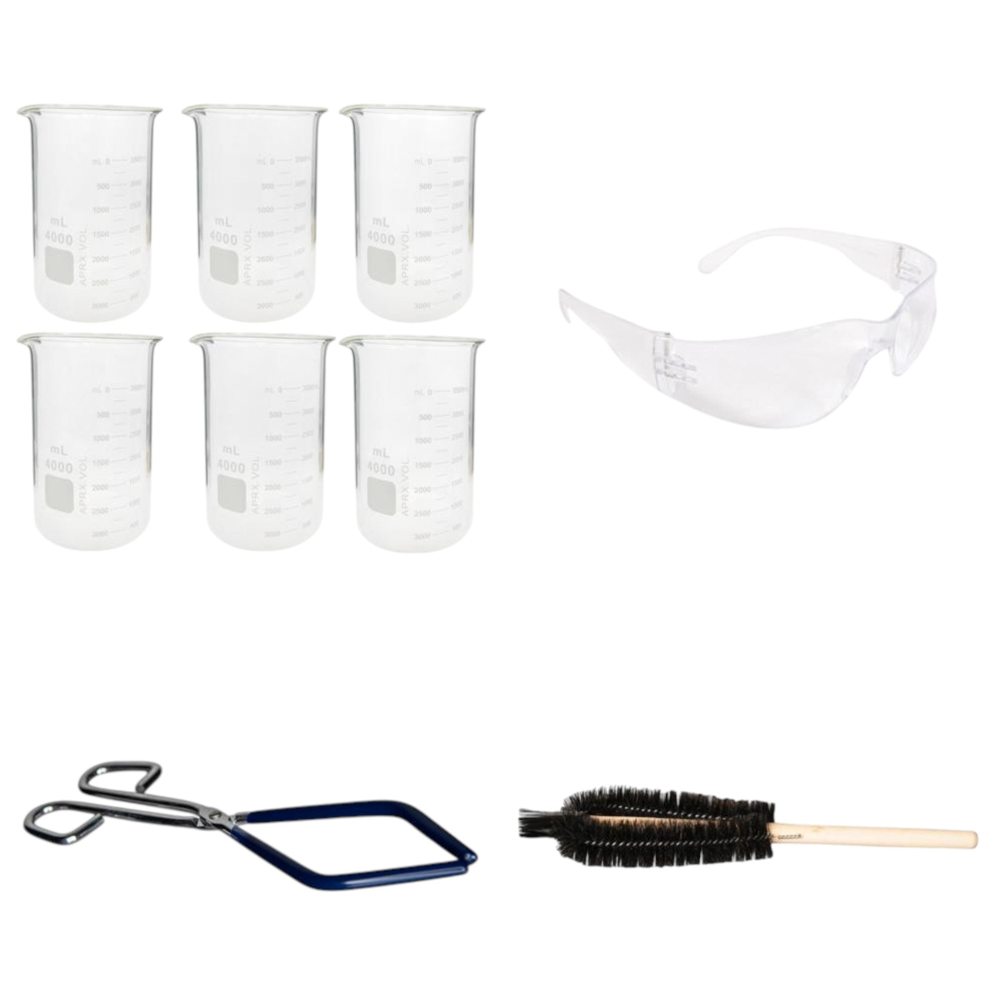Beaker Starter Kit - 6 - 4000ml Griffin Style Beaker, Beaker Brush (330mm), Safety Glasses, Beaker Tongs with Plastisol-Coated Jaws – Essential Labware Bundle