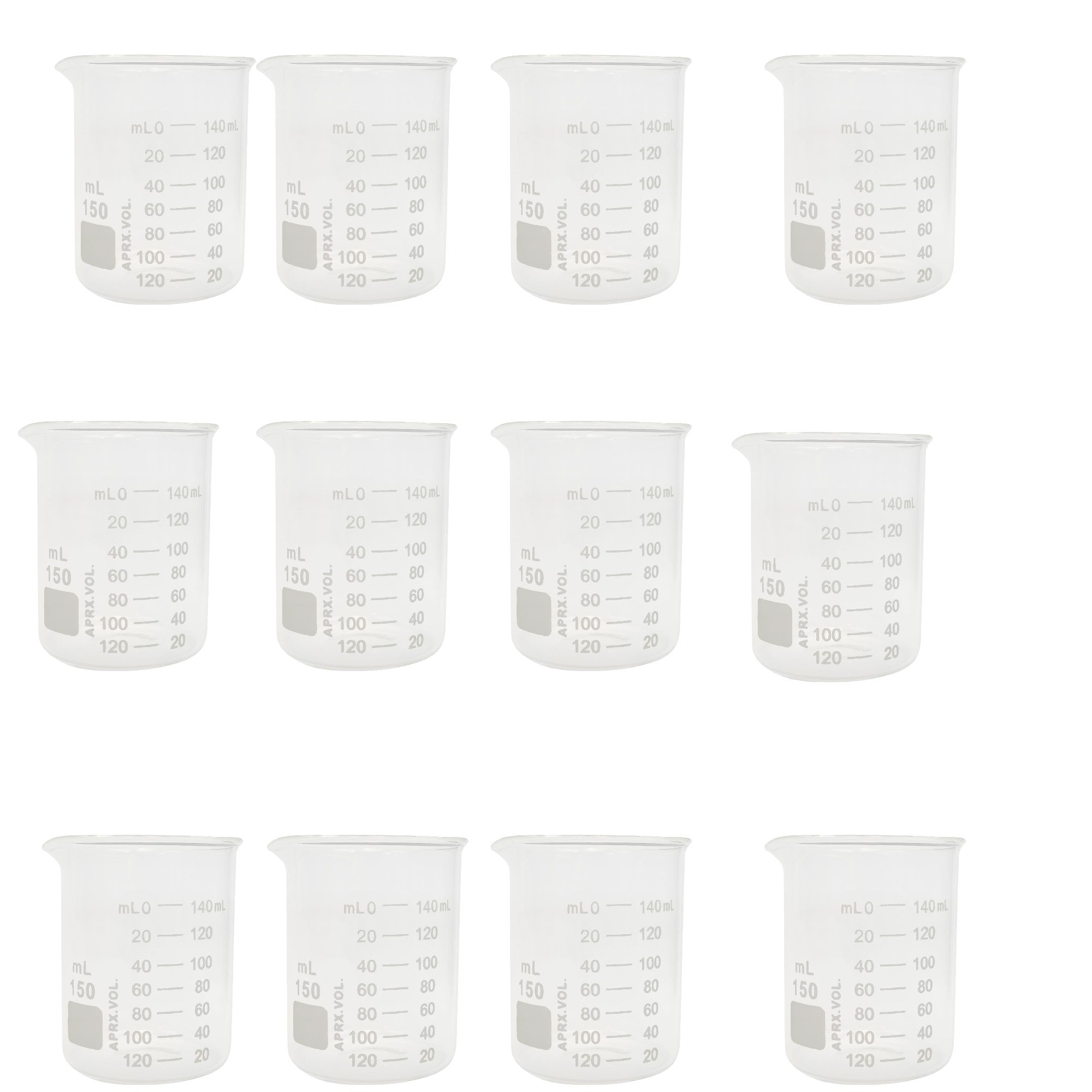 Beaker, Griffin Style, 150ml Capacity, Borosilicate Glass, Graduated. Pack of 12.