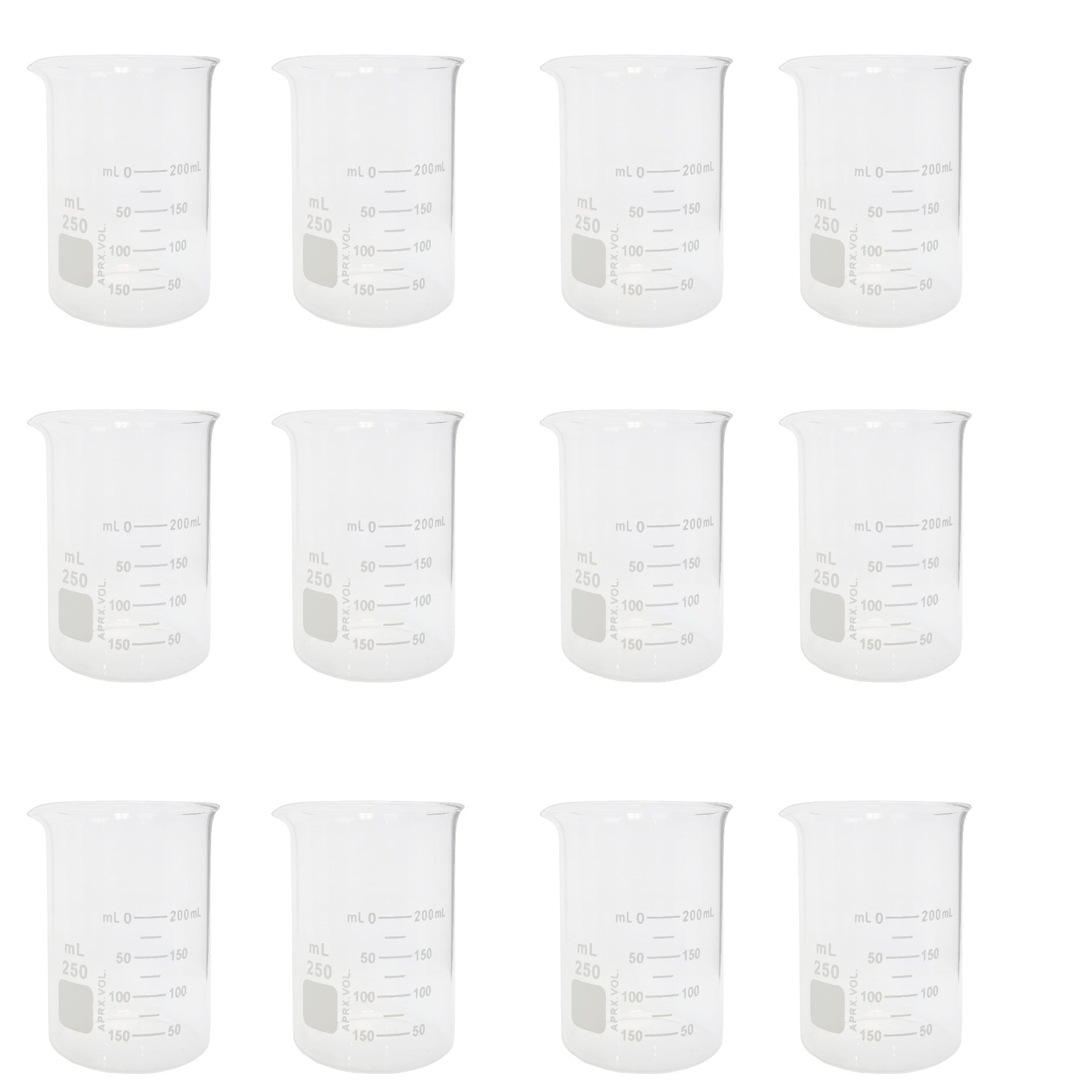 Lab Beaker Starter Kit - 12 - 250ml Griffin Style Beaker, Beaker Brush (330mm), Safety Glasses, Beaker Tongs with Plastisol-Coated Jaws – Essential Labware Bundle