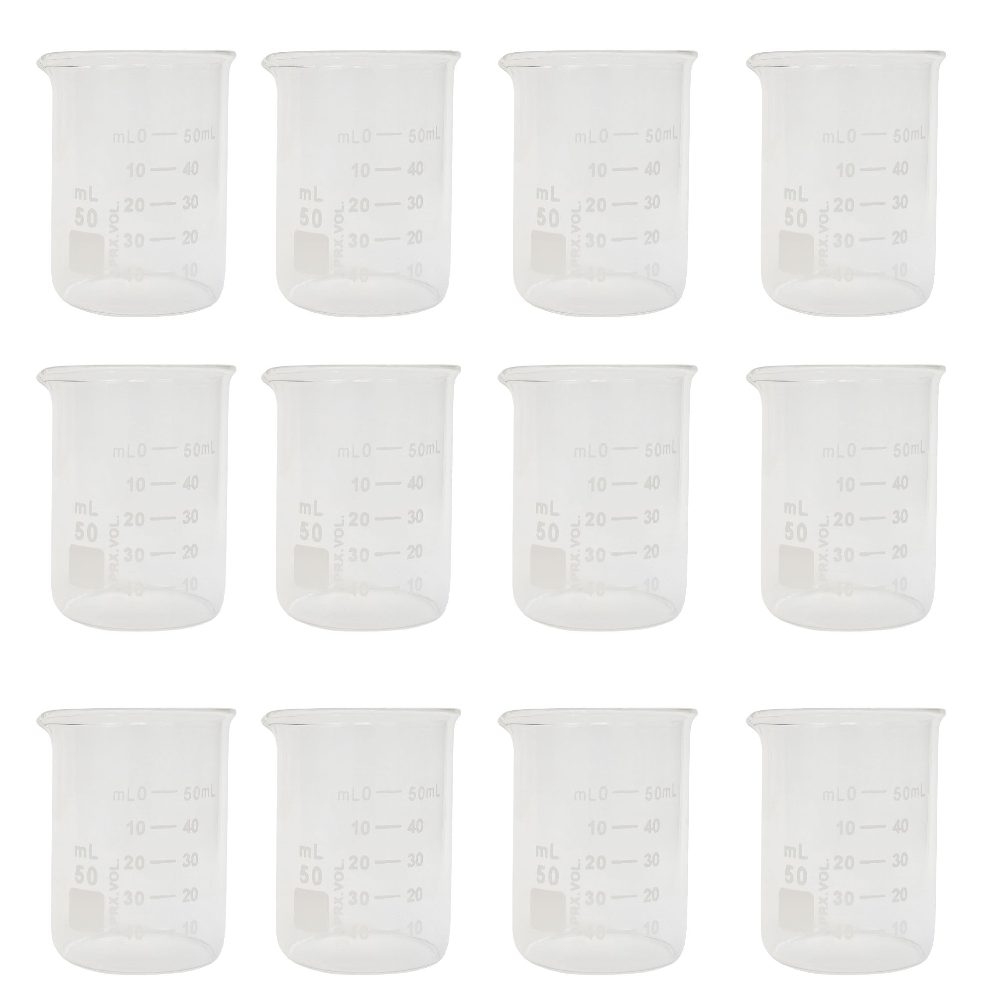 Beaker, Griffin Style, 50ml Capacity, Borosilicate Glass, Graduated. Pack of 12.