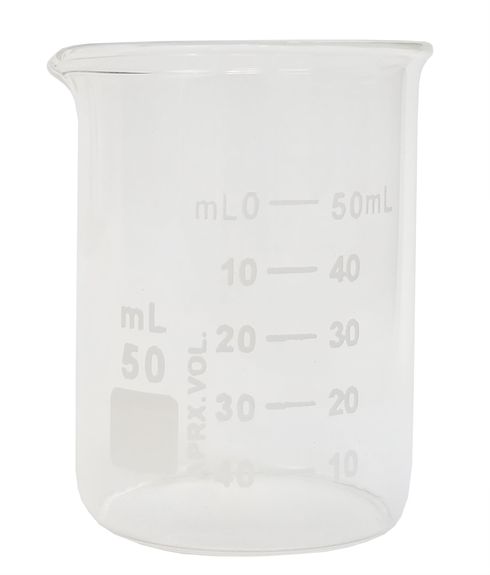 Beaker, Griffin Style, 50ml Capacity, Borosilicate Glass, Graduated.