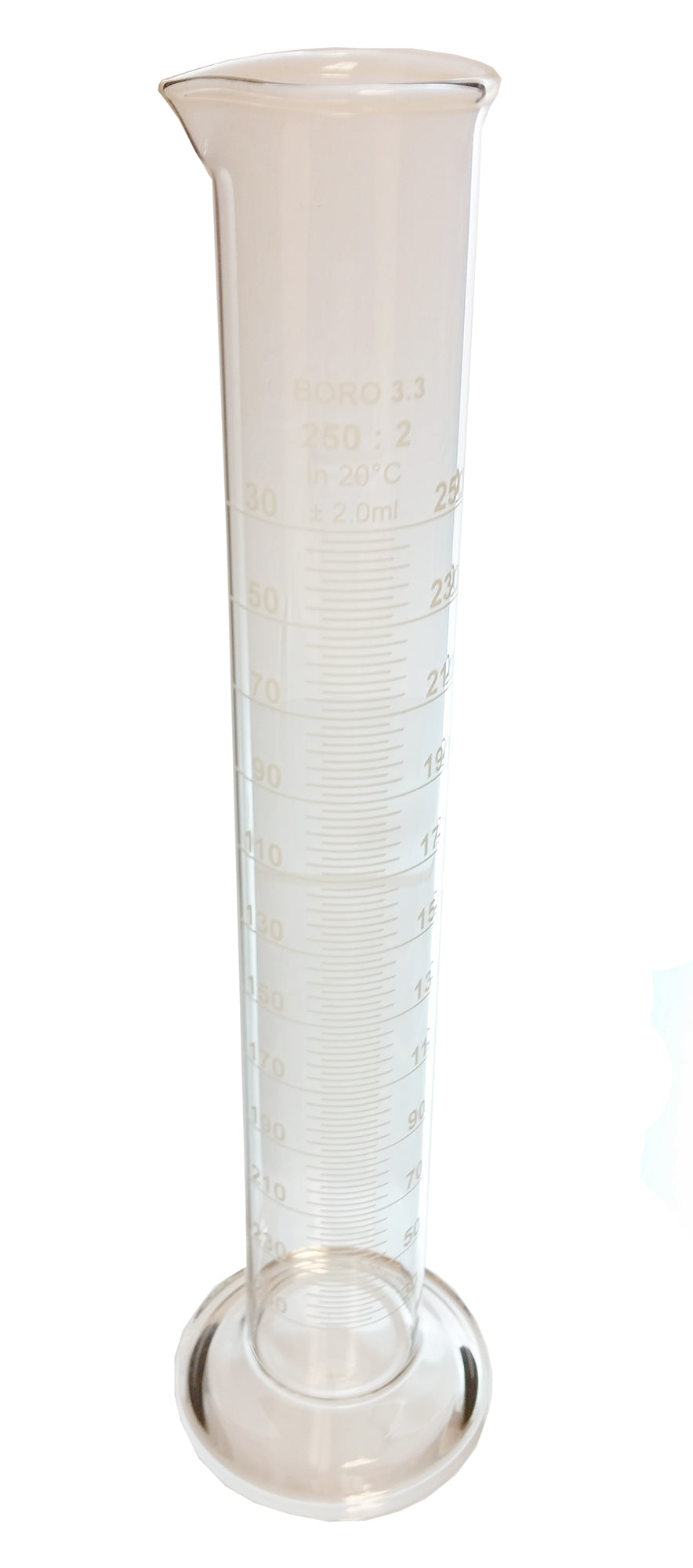 Cylinder - Double-Scale Borosilicate Glass Cylinder, 250ml capacity. Case of 32.
