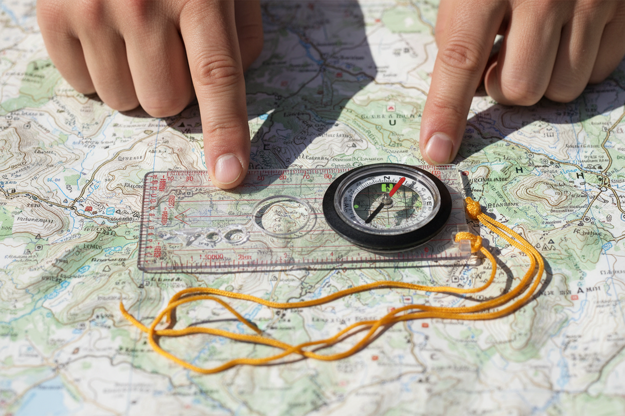 Compass with detailed markings on topo map with bare hands