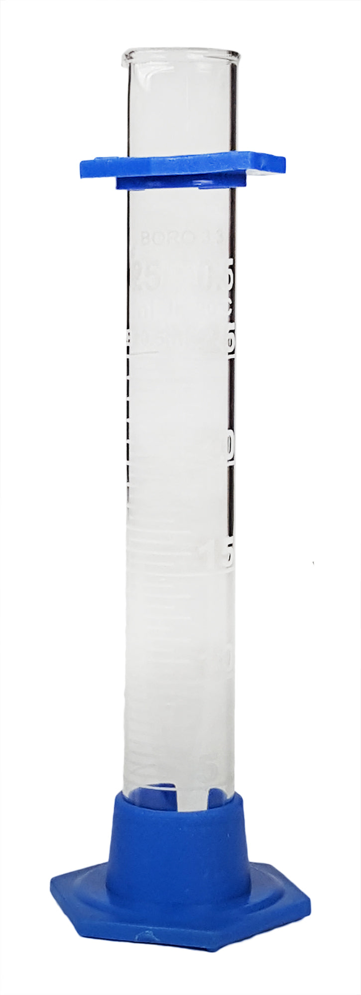 Cylinder, 25ml capacity, Glass with Plastic Hex Base and Bumper Guard. Pack of 10.