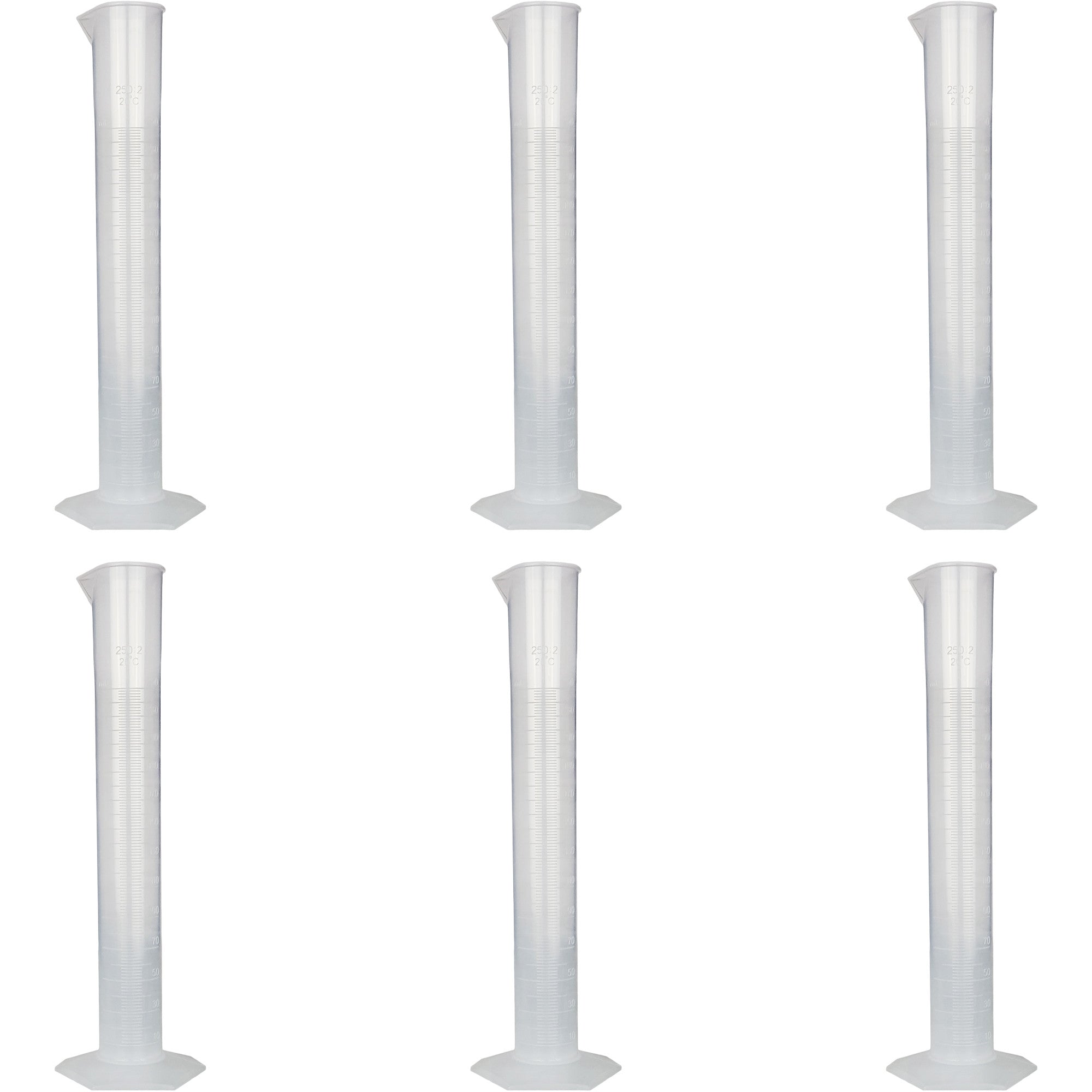 Polypropylene Graduated Cylinder with Hex Base, 250ml Capacity, Pack of 6