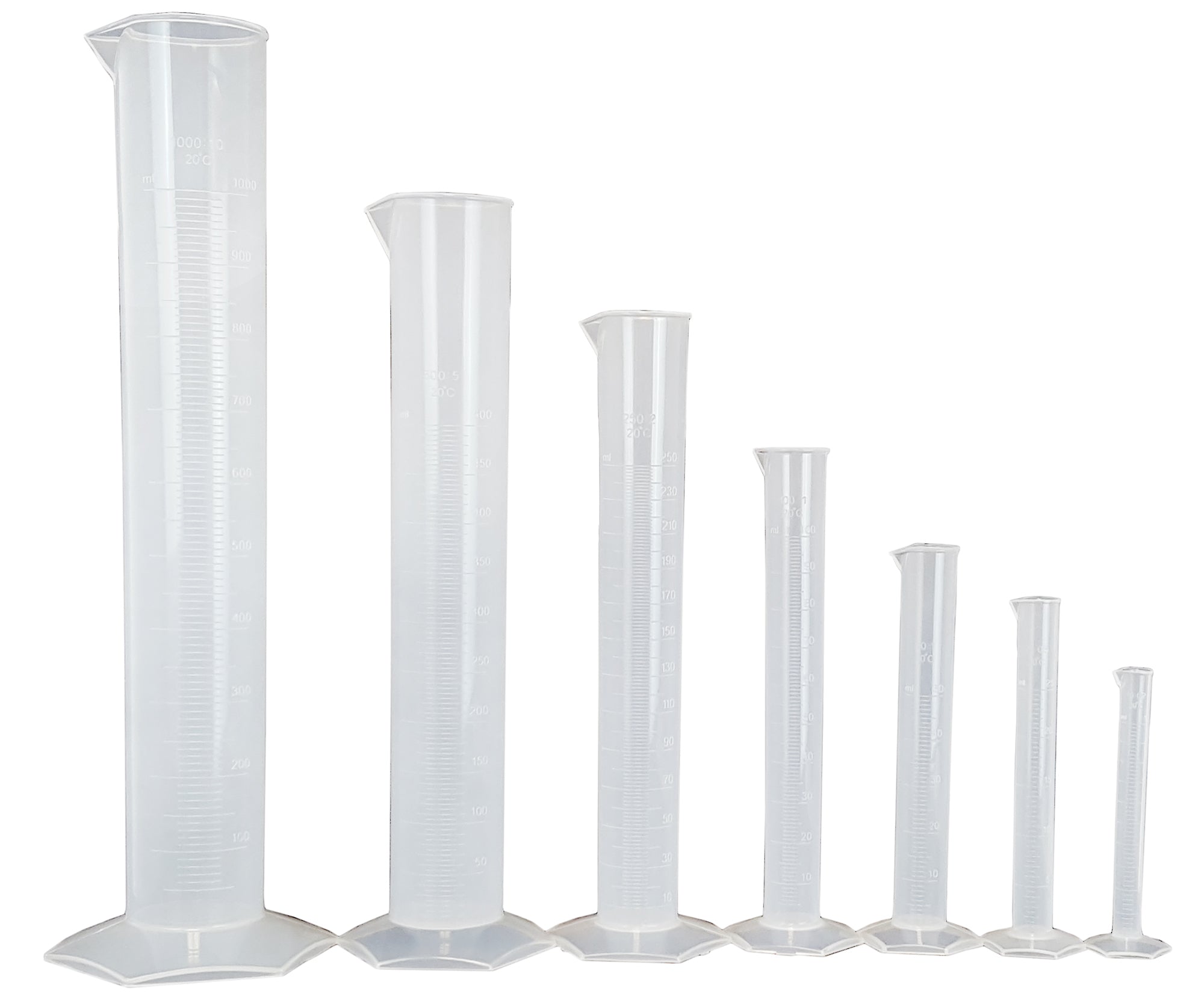 Polypropylene Graduated Cylinder with Hex Base Set - One Each 10ml, 25ml, 50ml, 100ml, 250ml, 500ml, and 1000ml