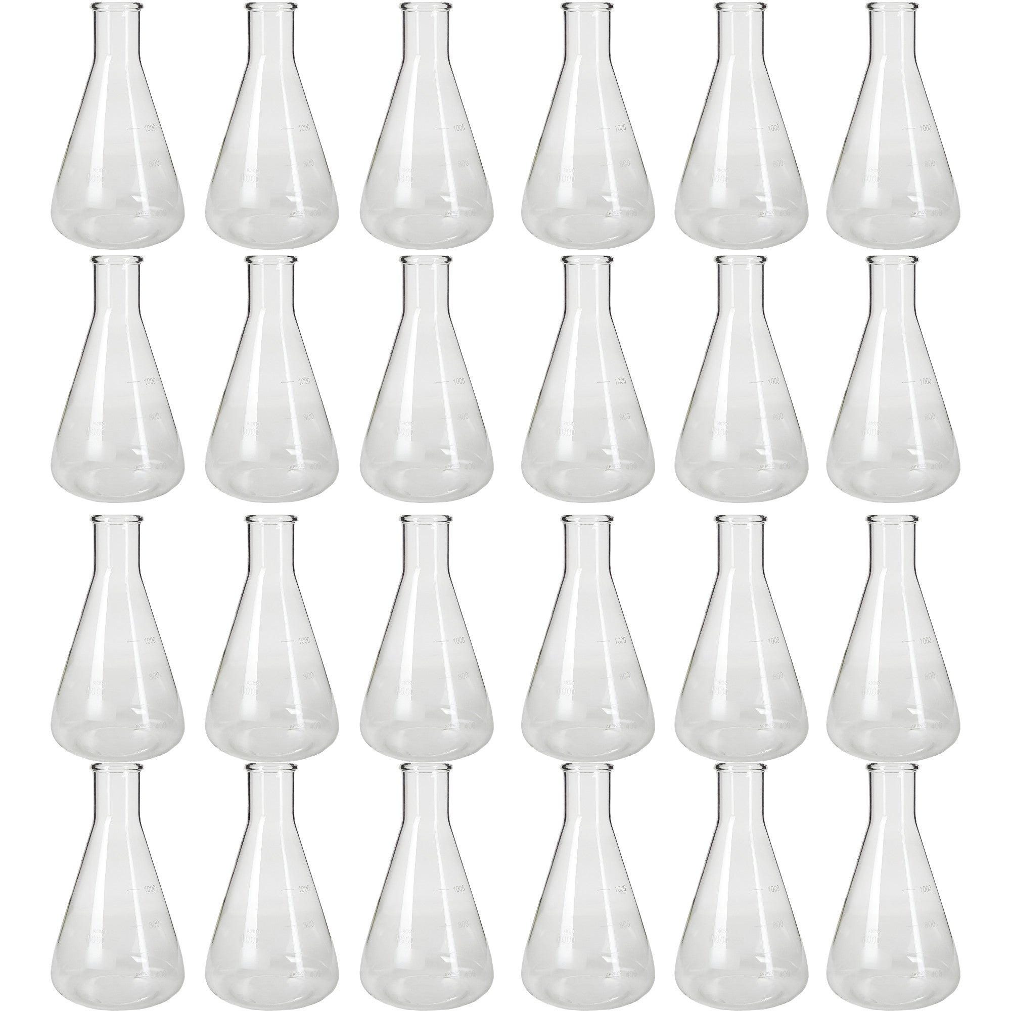 Flask - EF1000-24 Erlenmeyer Flask, Conical Shape, Standard Neck, 1000ml capacity. Made from Borosilicate Glass, that is resistant to thermal shock and a good fit for any laboratory, science classroom, or homeschool.