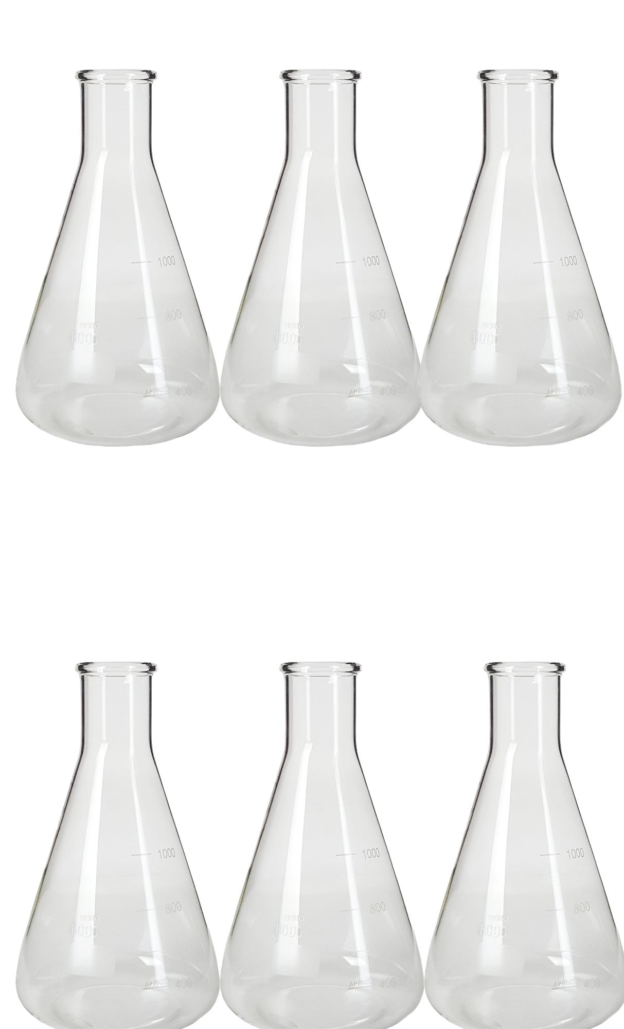Flask - Erlenmeyer Flask, Conical Shape, Standard Neck, 1000ml capacity. Made from Borosilicate Glass, that is resistant to thermal shock and a good fit for any laboratory, science classroom, or homeschool. Pack of 6 flasks.