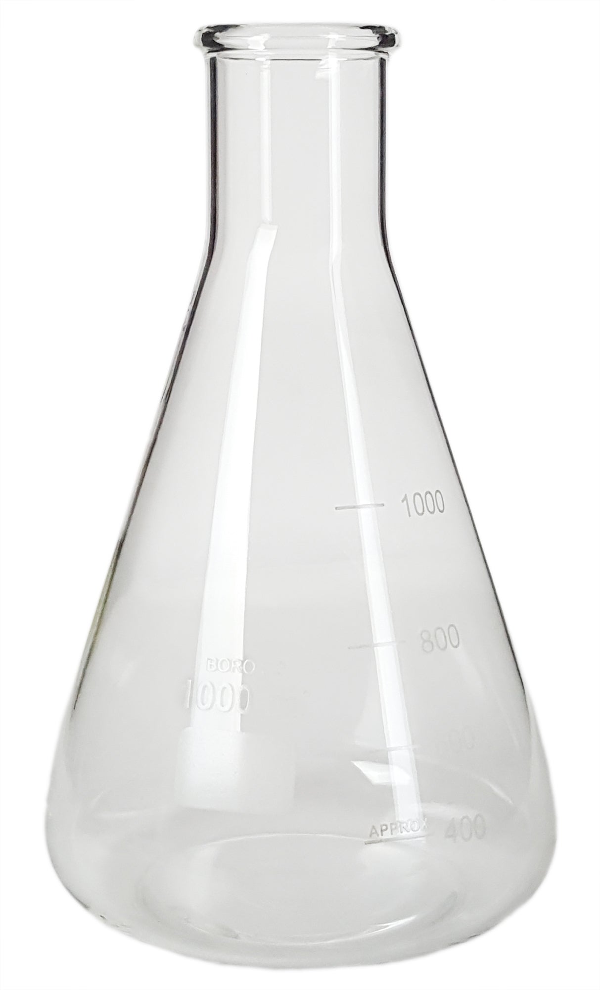 Flask - Erlenmeyer Flask, Conical Shape, Standard Neck, 1000ml capacity. Made from Borosilicate Glass, that is resistant to thermal shock and a good fit for any laboratory, science classroom, or homeschool. Pack of 6 flasks.