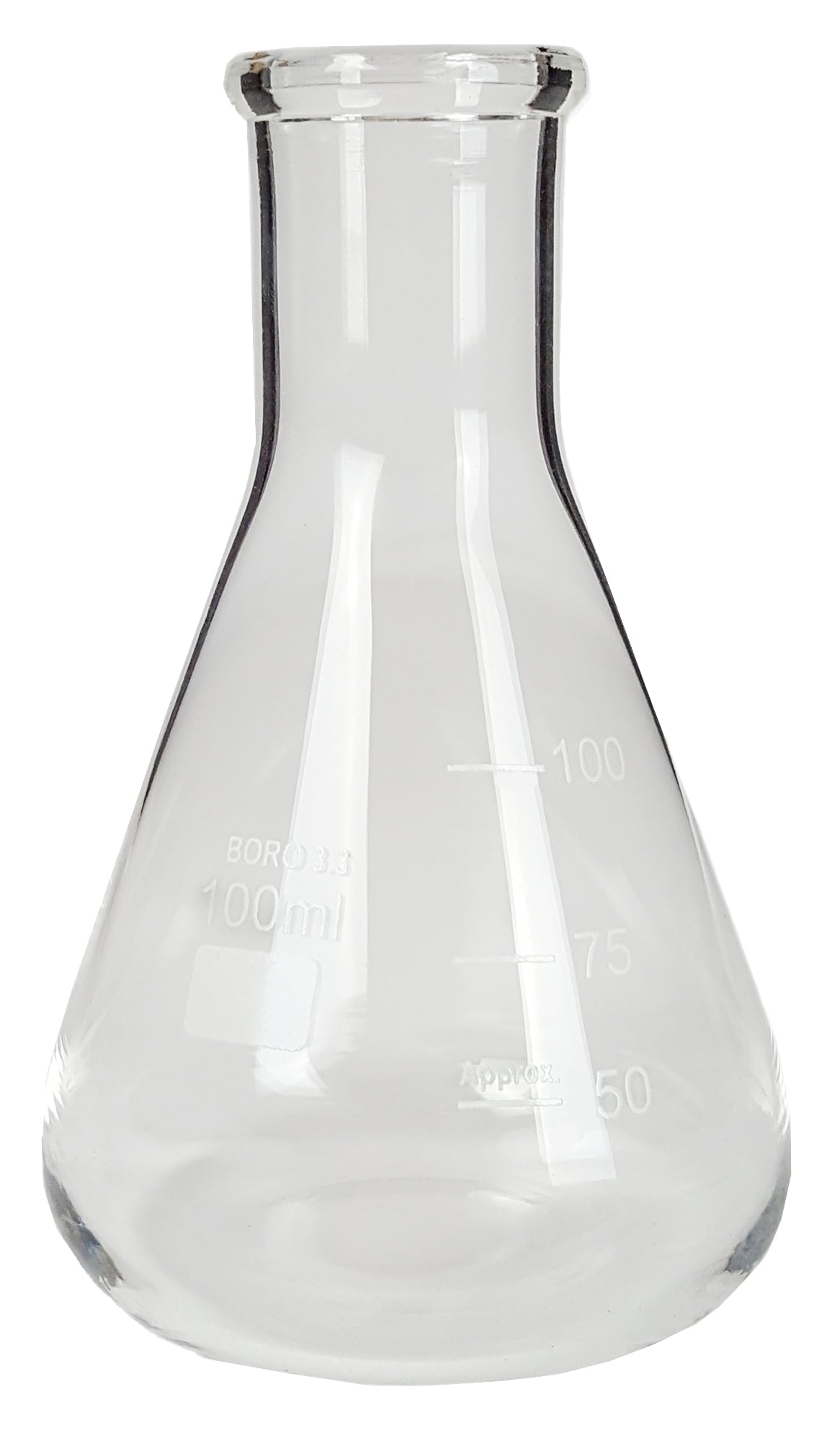 Flask - Erlenmeyer Flask, Conical Shape, Standard Neck, 100ml capacity. Made from Borosilicate Glass, that is resistant to thermal shock and a good fit for any laboratory, science classroom, or homeschool.