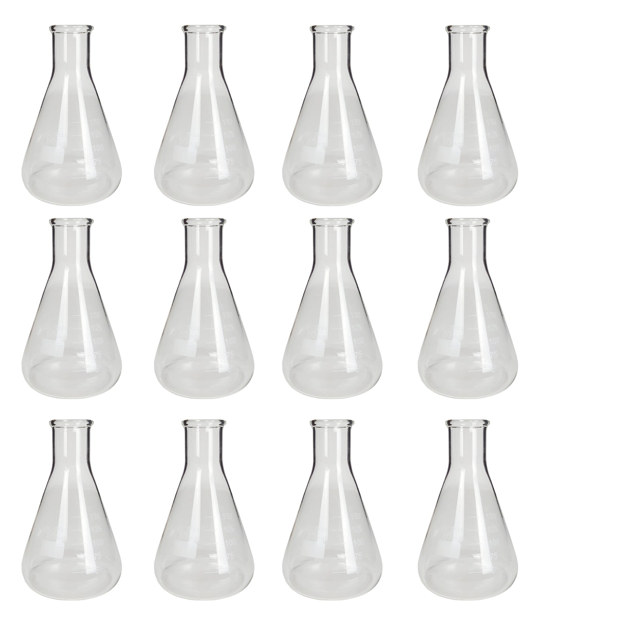 Flask, Erlenmeyer Flask, Conical Shape, Standard Neck, 150ml capacity. 12 Pack Made from Borosilicate Glass, that is resistant to thermal shock and a good fit for any laboratory, science classroom, or homeschool.