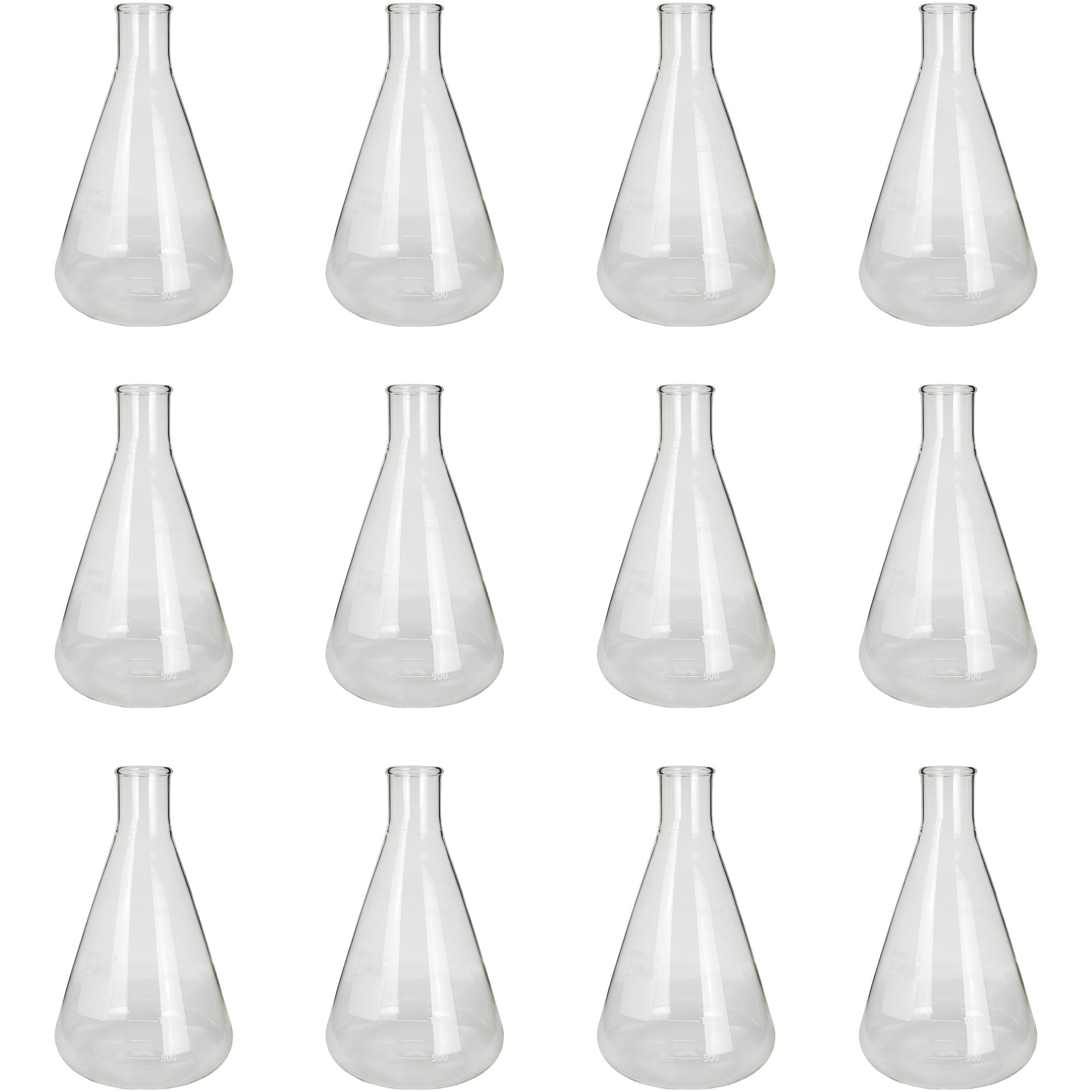 Flask - Erlenmeyer Flask, Conical Shape, Standard Neck, 2000ml capacity. Made from Borosilicate Glass, that is resistant to thermal shock and a good fit for any laboratory, science classroom, or homeschool. Case of 12