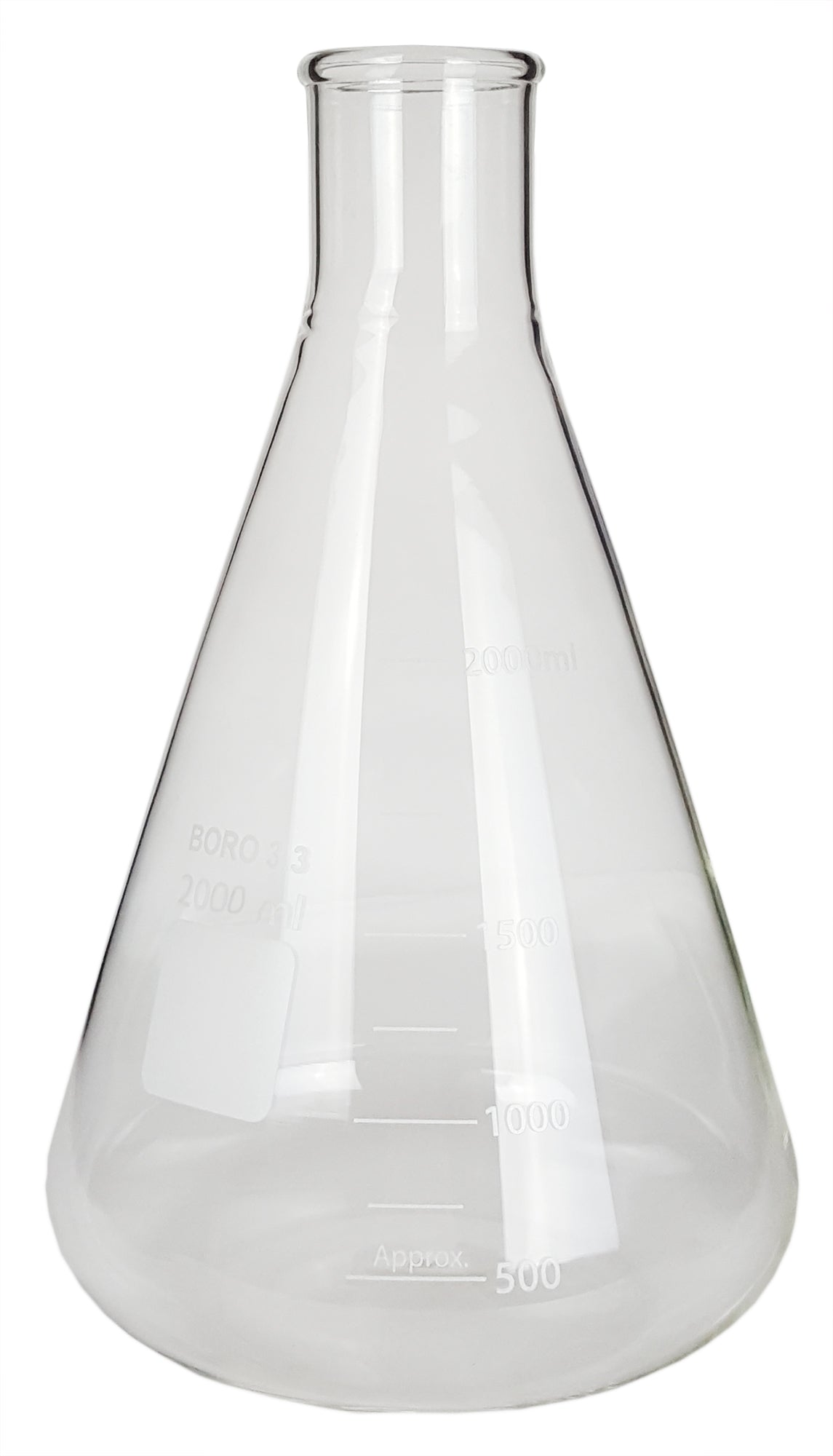 Flask - Erlenmeyer Flask, Conical Shape, Standard Neck, 2000ml capacity. Made from Borosilicate Glass, that is resistant to thermal shock and a good fit for any laboratory, science classroom, or homeschool.