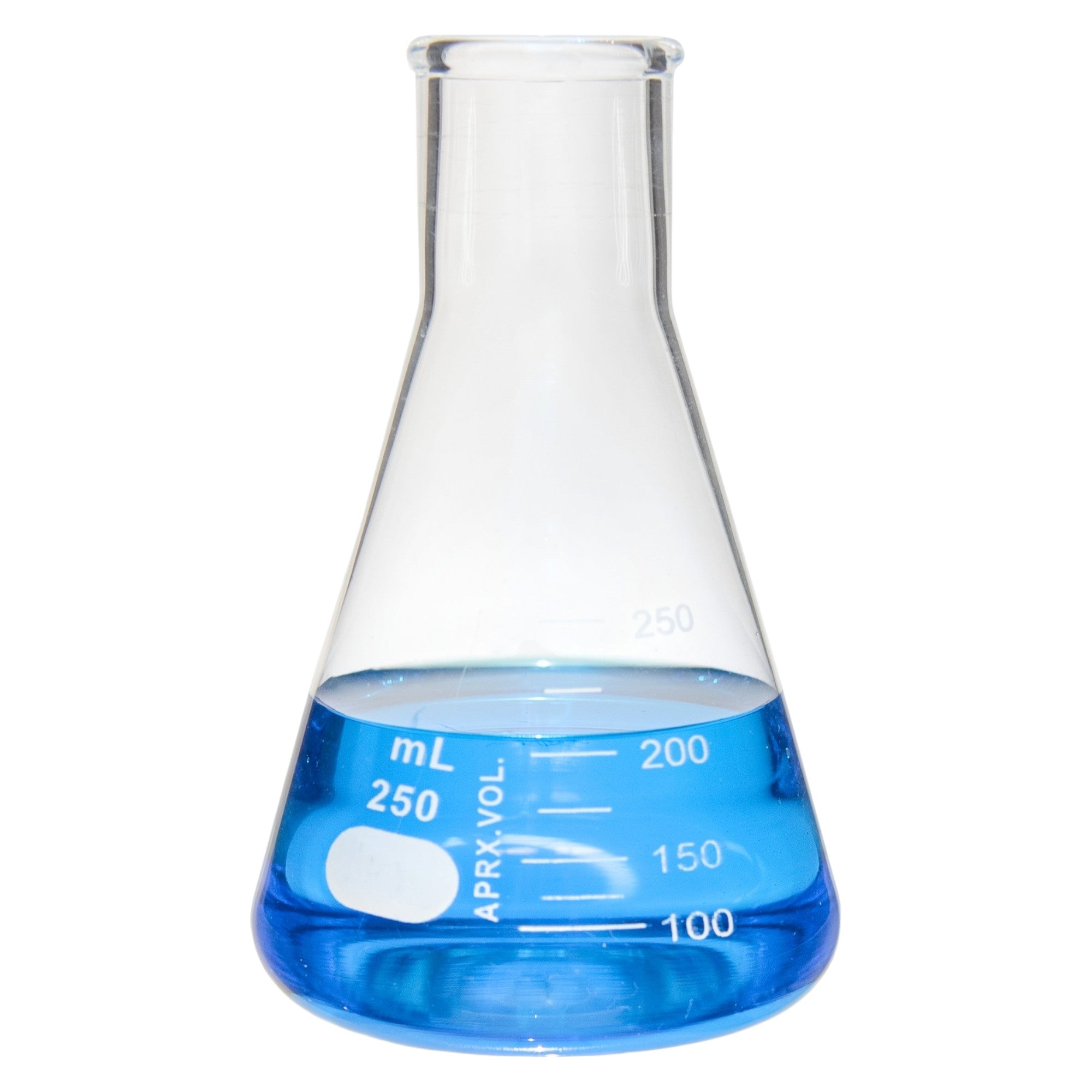 Flask - Erlenmeyer Flask, Conical Shape, Standard Neck, 250ml capacity, Borosilicate Glass, that is resistant to thermal shock and a good fit for any laboratory, science classroom, or homeschool.