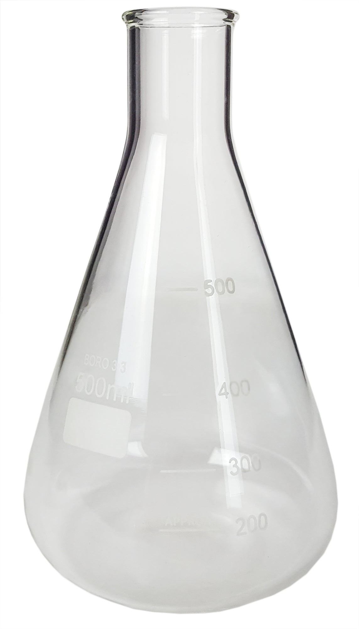 Flask - Erlenmeyer Flask, Conical Shape, Standard Neck, 500ml capacity. Made from Borosilicate Glass, that is resistant to thermal shock and a good fit for any laboratory, science classroom, or homeschool. Pack of 12