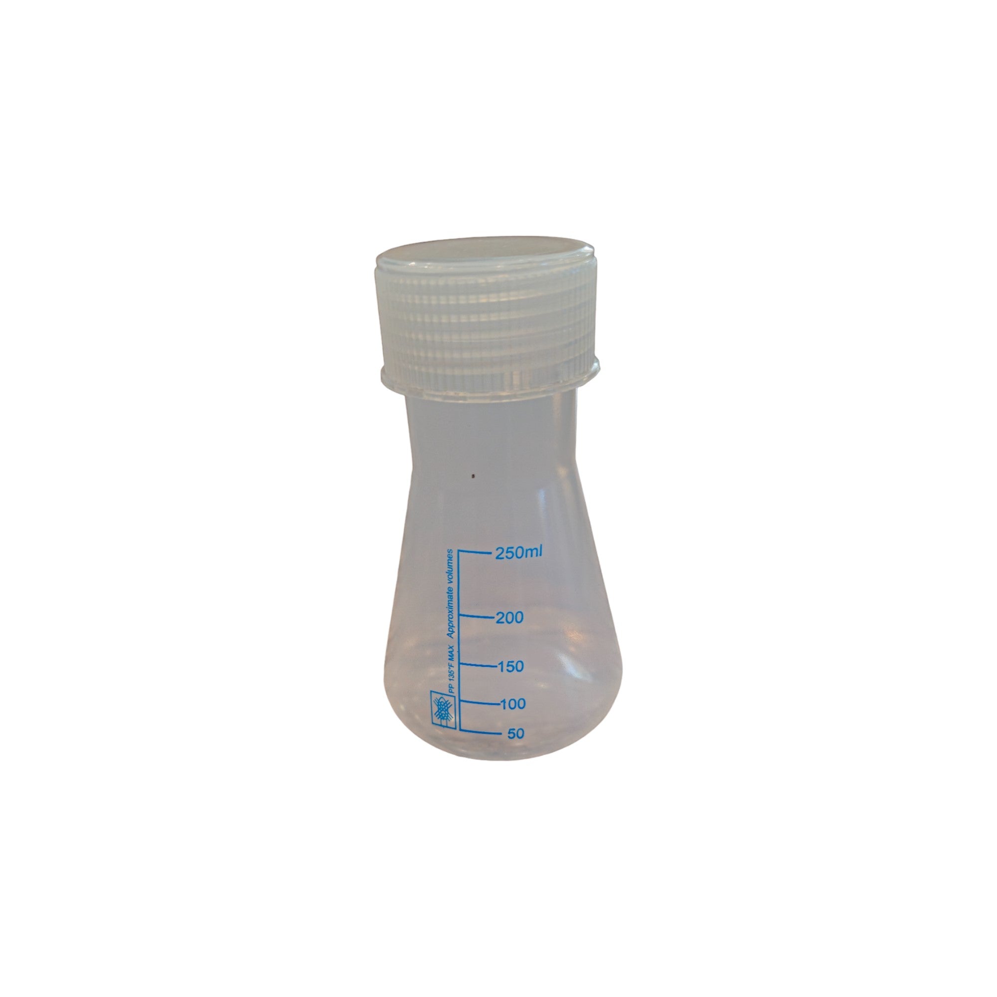 Erlenmeyer Flask Polypropylene, 250ml capacity, with screw cap & graduations up to 250ml x 50ml.
